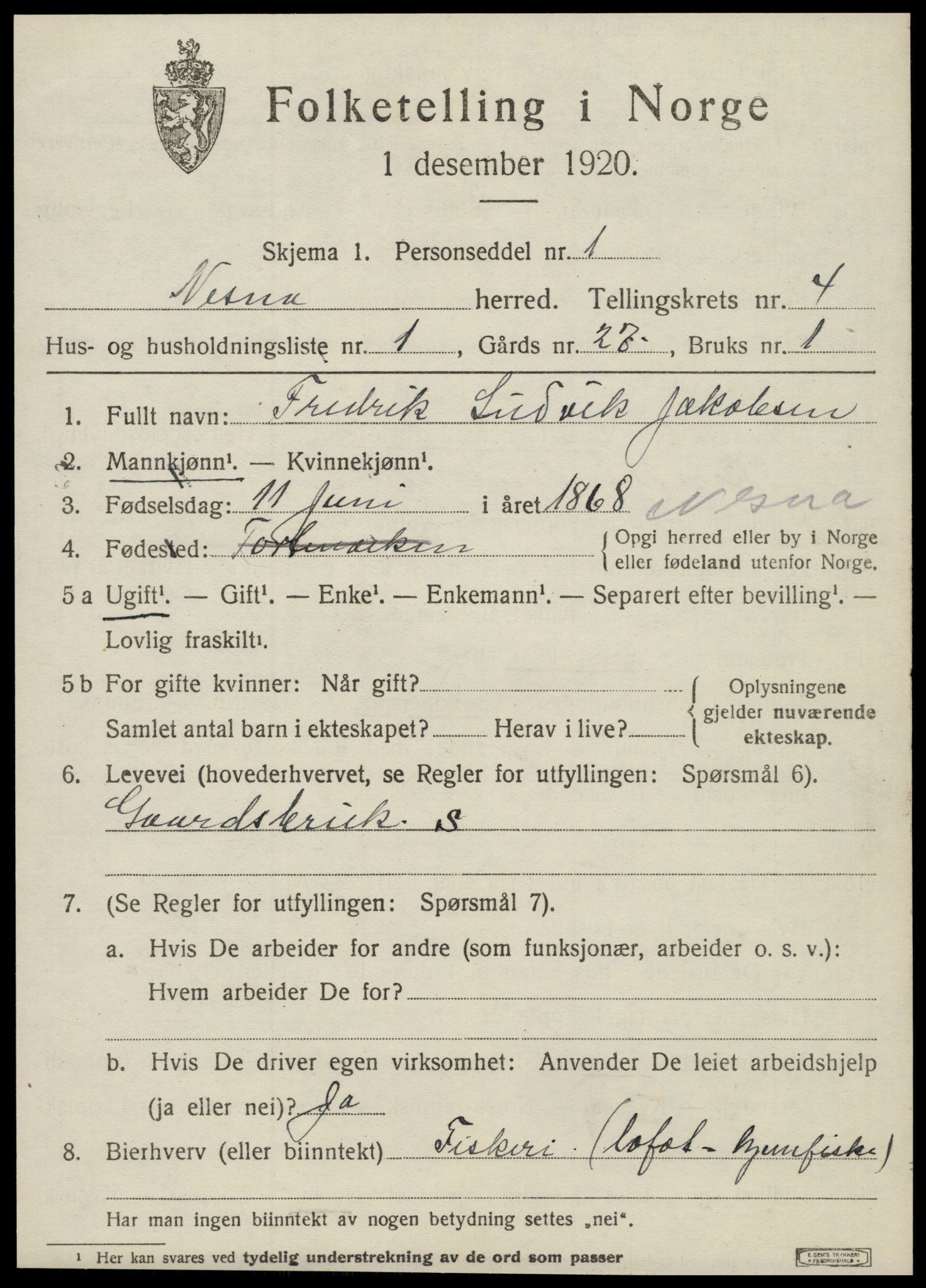 SAT, 1920 census for Nesna, 1920, p. 3241