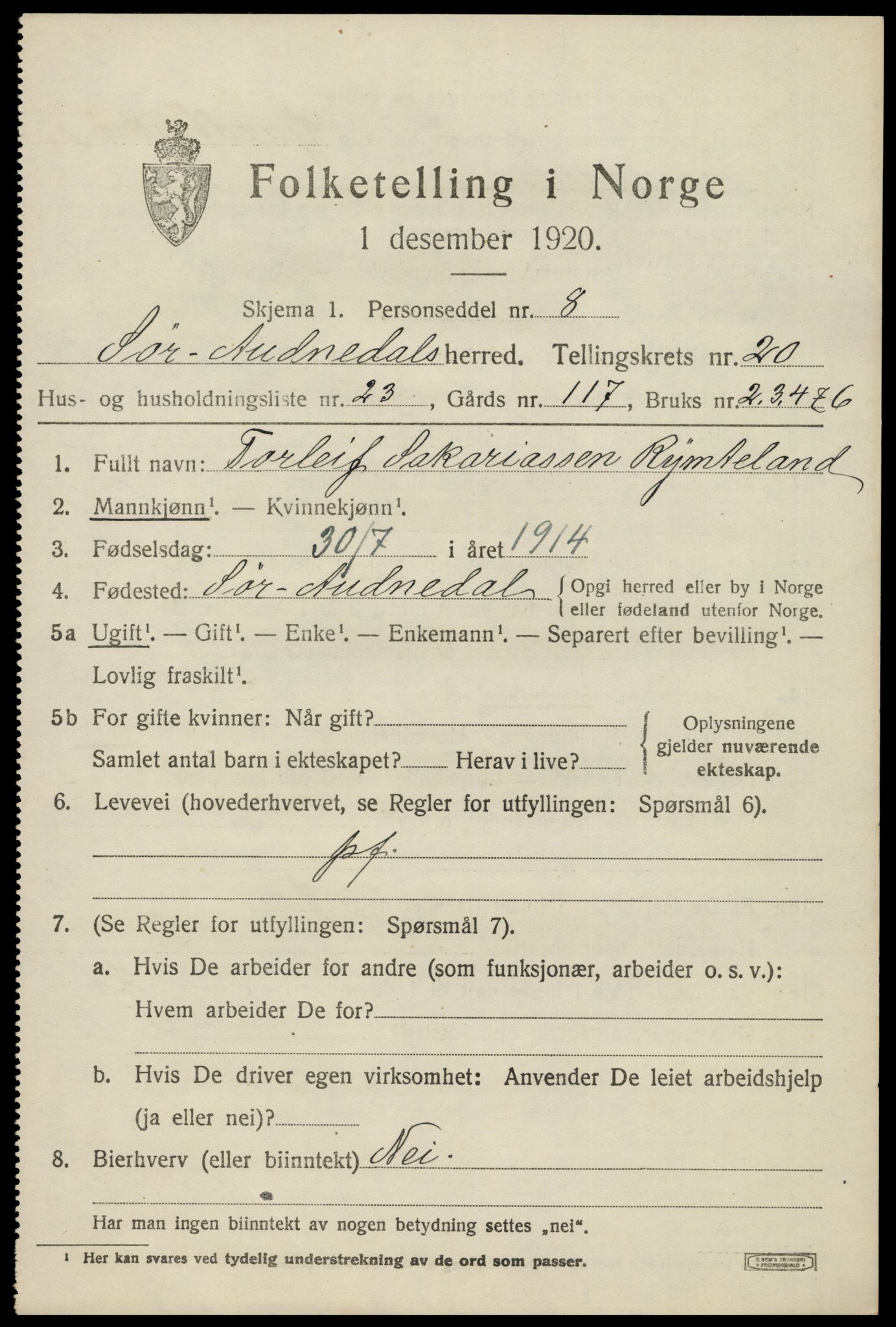 SAK, 1920 census for Sør-Audnedal, 1920, p. 6907