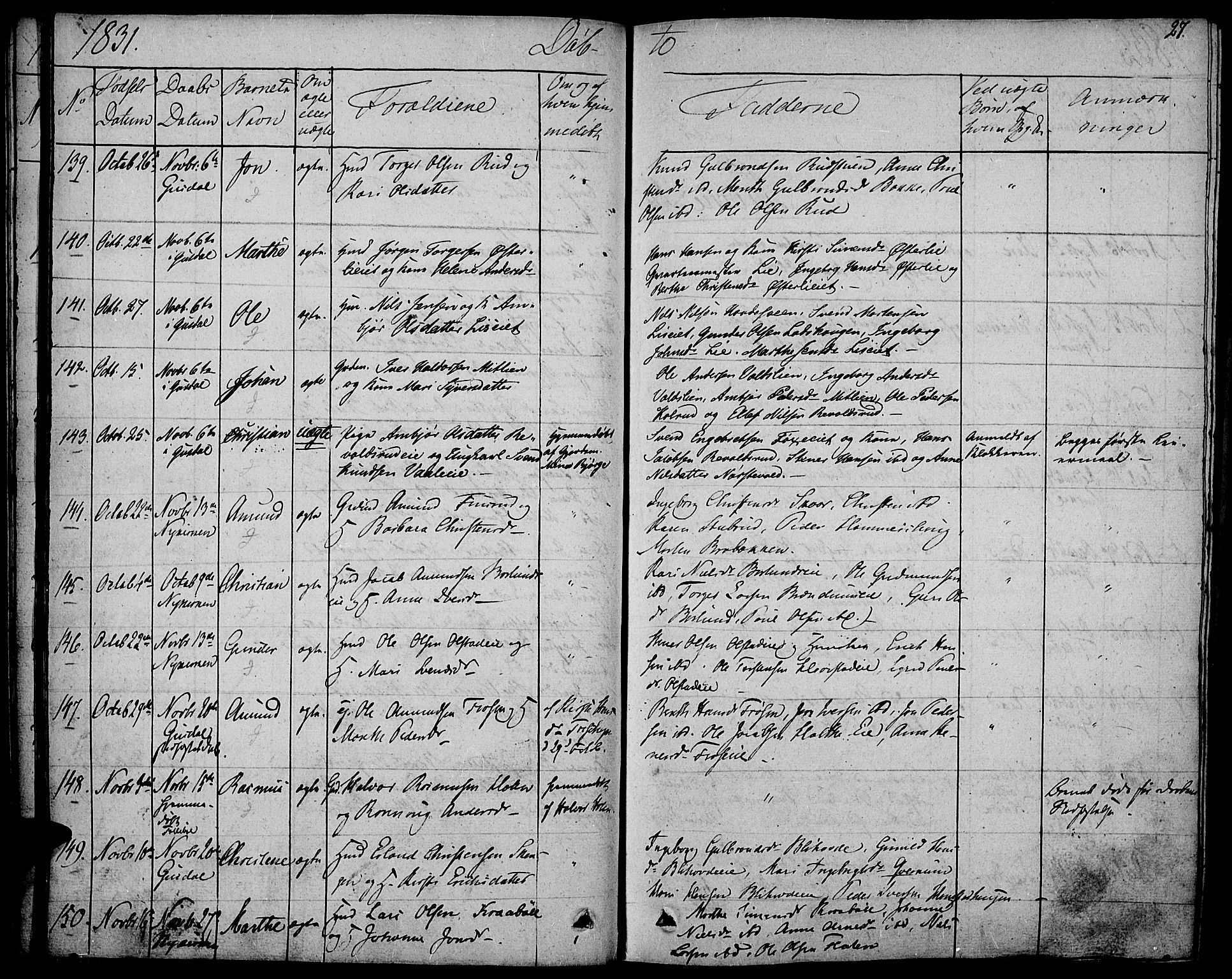 Gausdal prestekontor, SAH/PREST-090/H/Ha/Haa/L0006: Parish register (official) no. 6, 1830-1839, p. 27