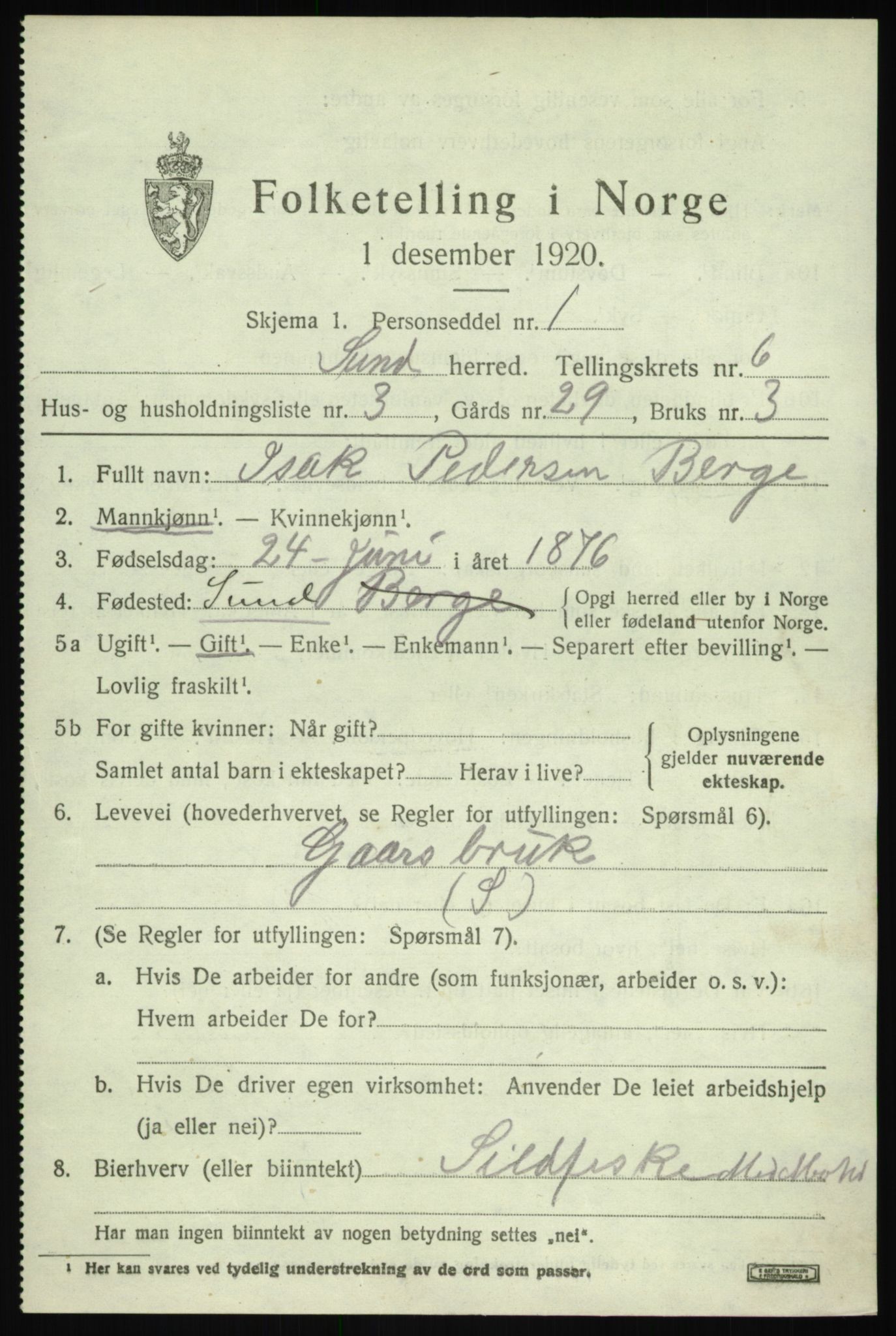 SAB, 1920 census for Sund, 1920, p. 3899