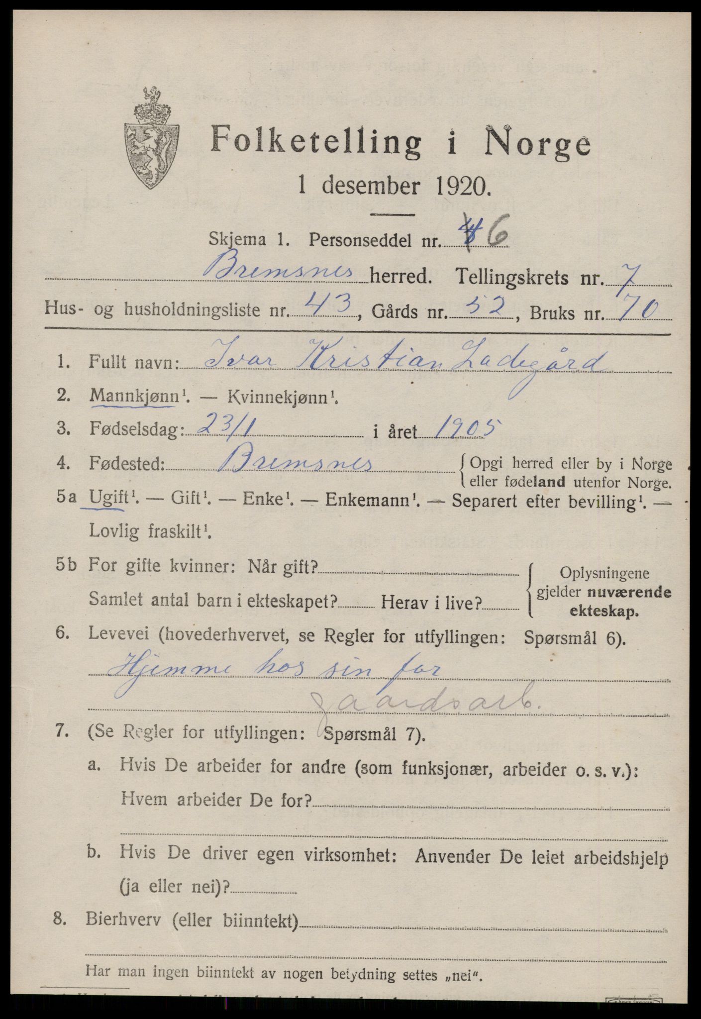 SAT, 1920 census for Bremsnes, 1920, p. 6021