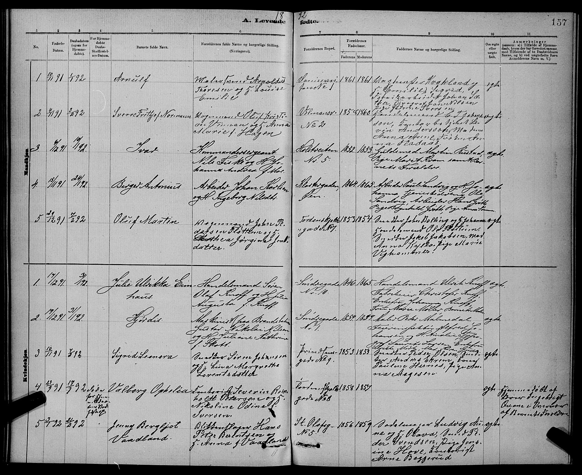 Ministerialprotokoller, klokkerbøker og fødselsregistre - Sør-Trøndelag, SAT/A-1456/601/L0092: Parish register (copy) no. 601C10, 1884-1897, p. 157