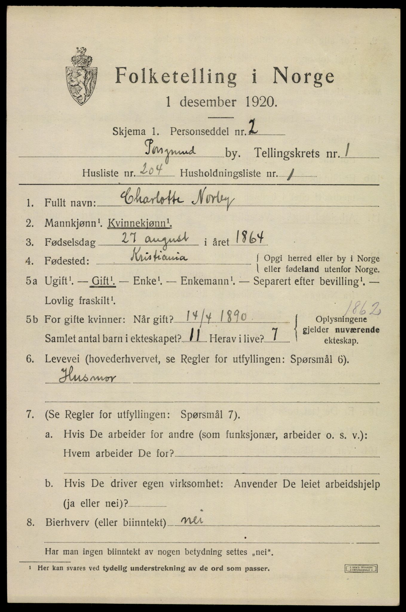 SAKO, 1920 census for Porsgrunn, 1920, p. 9451
