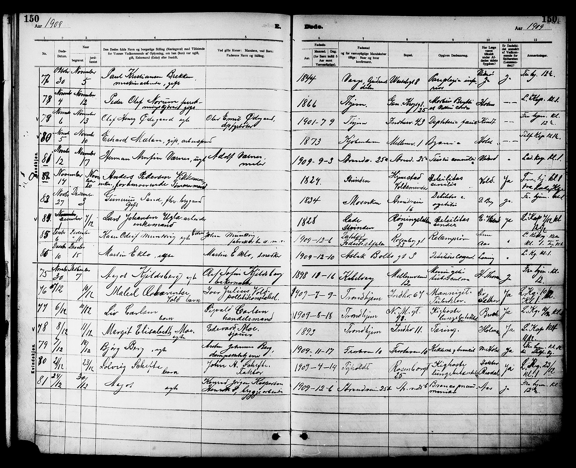 Ministerialprotokoller, klokkerbøker og fødselsregistre - Sør-Trøndelag, AV/SAT-A-1456/605/L0255: Parish register (copy) no. 605C02, 1908-1918, p. 150