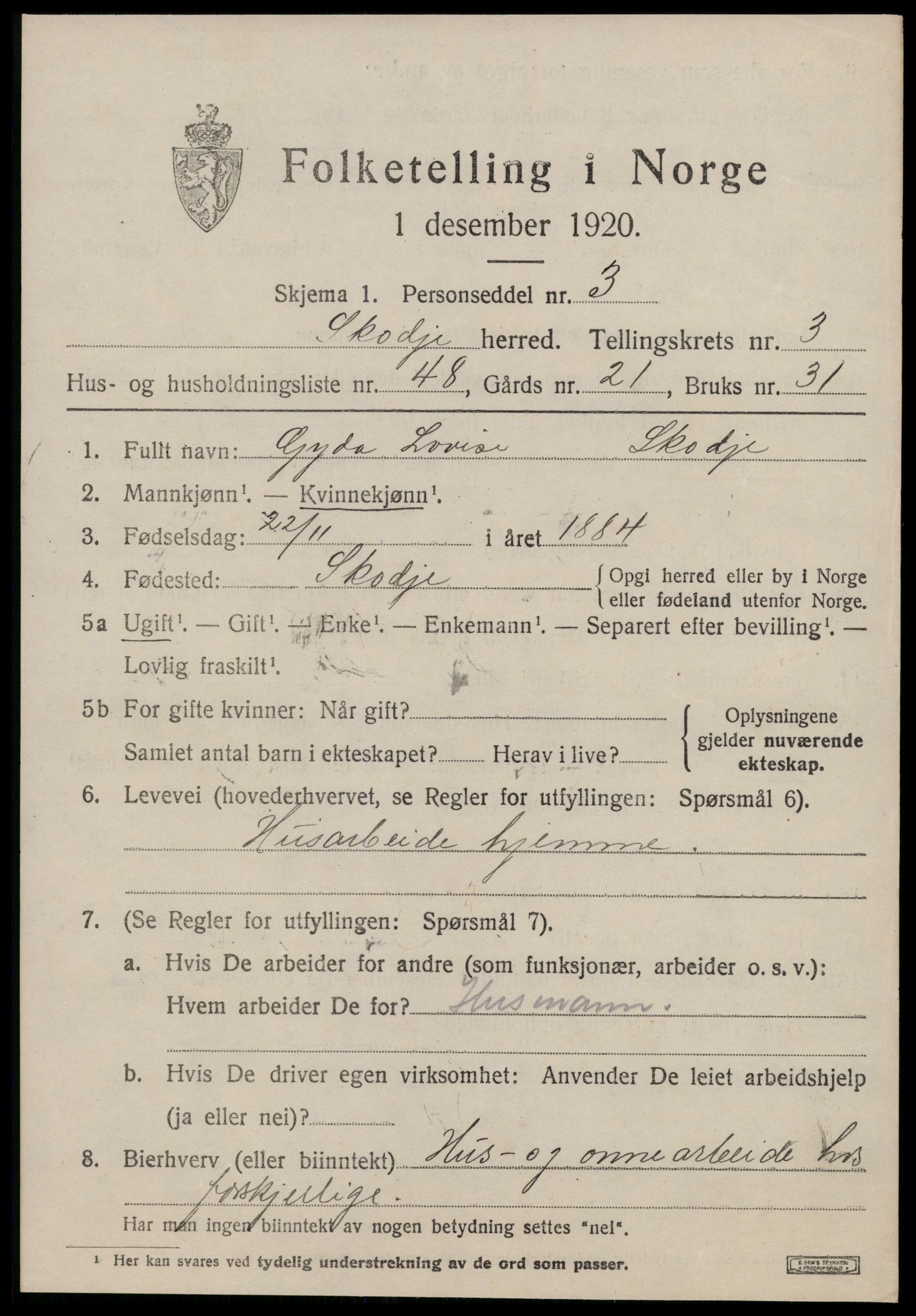 SAT, 1920 census for Skodje, 1920, p. 1819