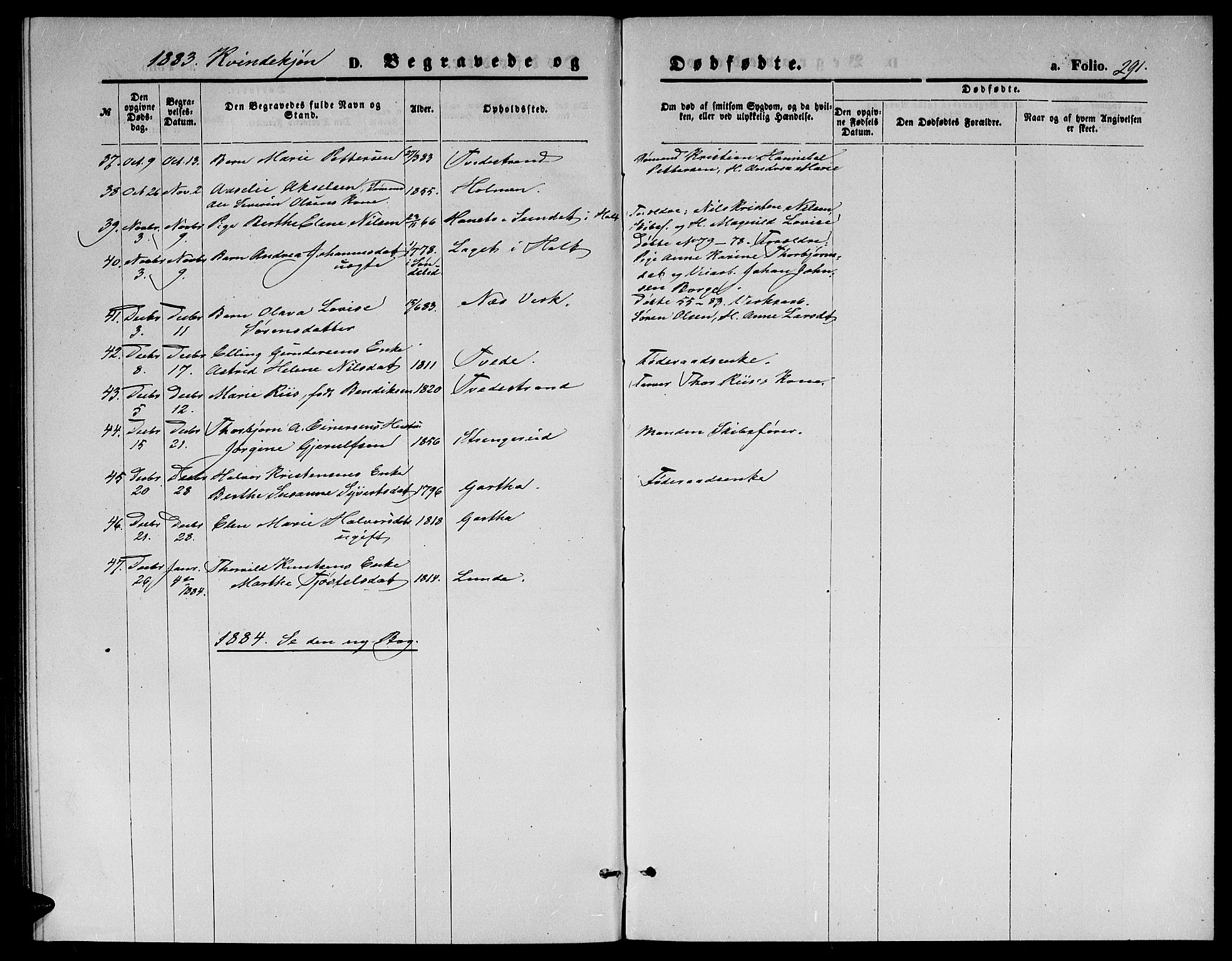Holt sokneprestkontor, SAK/1111-0021/F/Fb/L0009: Parish register (copy) no. B 9, 1871-1883, p. 291