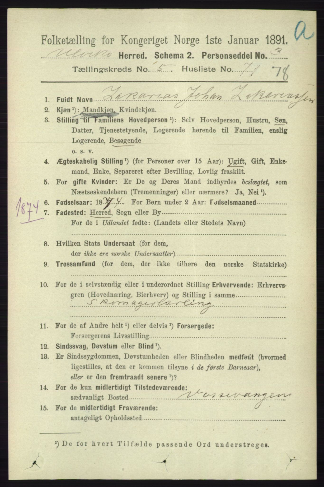 RA, 1891 census for 1233 Ulvik, 1891, p. 1791