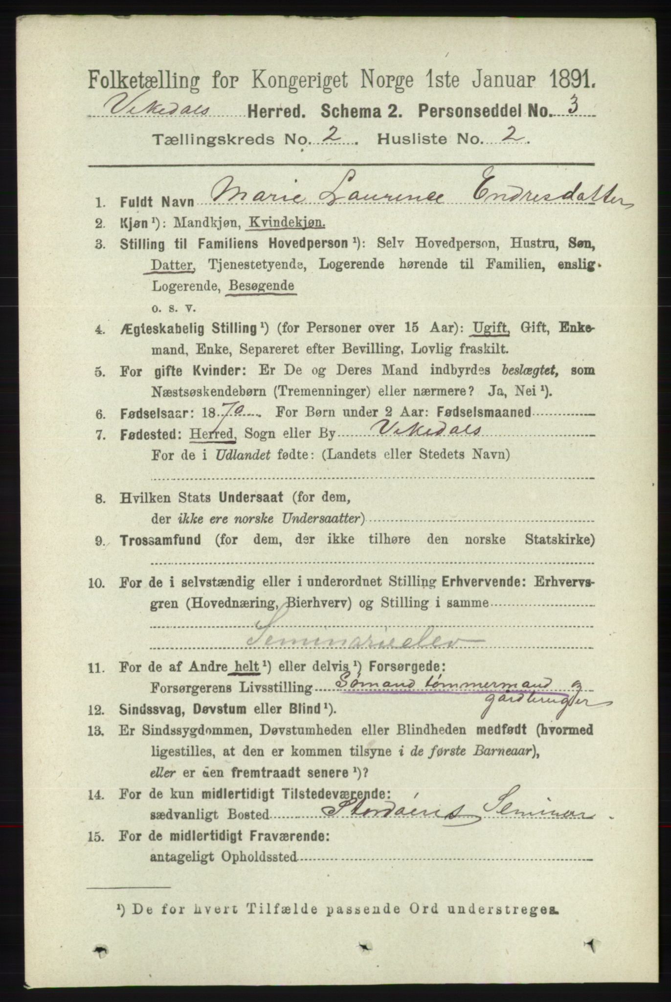 RA, 1891 census for 1157 Vikedal, 1891, p. 293