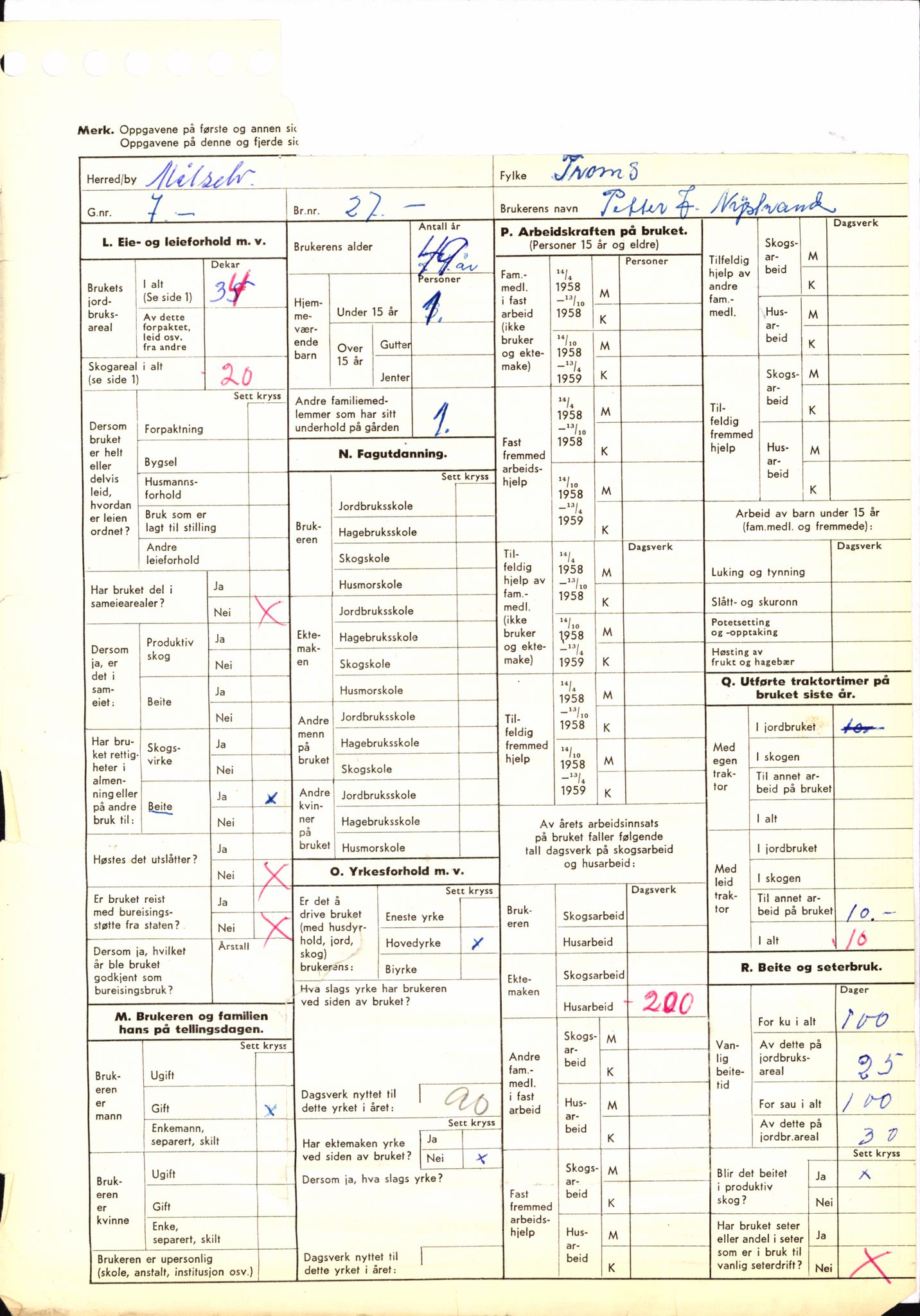 Statistisk sentralbyrå, Næringsøkonomiske emner, Jordbruk, skogbruk, jakt, fiske og fangst, AV/RA-S-2234/G/Gd/L0655: Troms: 1924 Målselv (kl. 4-10), 1959, p. 1158