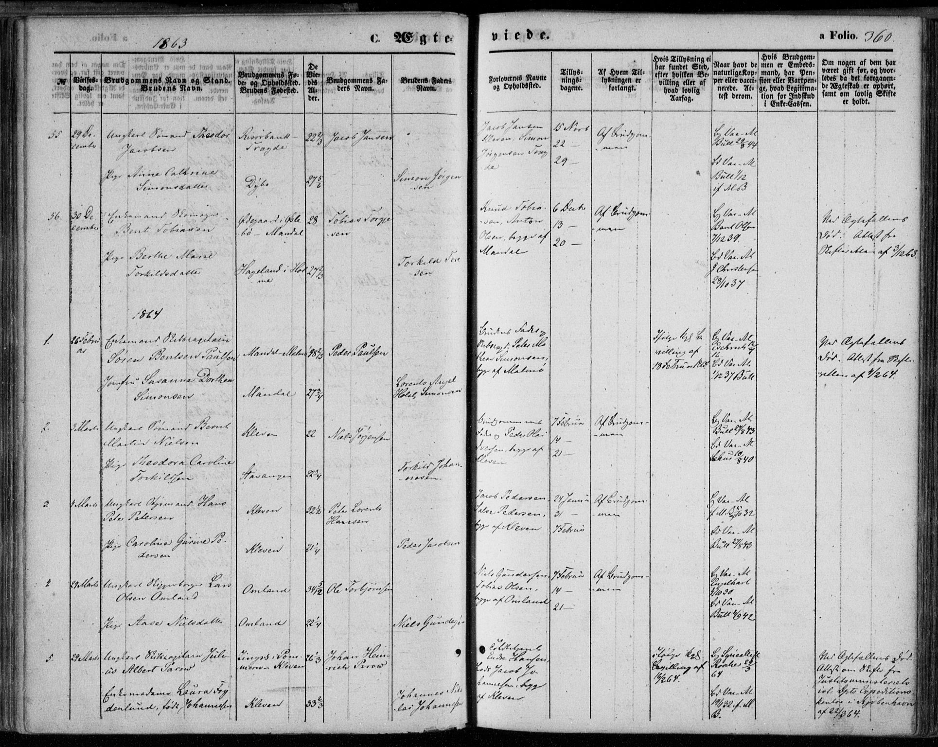 Mandal sokneprestkontor, SAK/1111-0030/F/Fa/Faa/L0014: Parish register (official) no. A 14, 1859-1872, p. 360