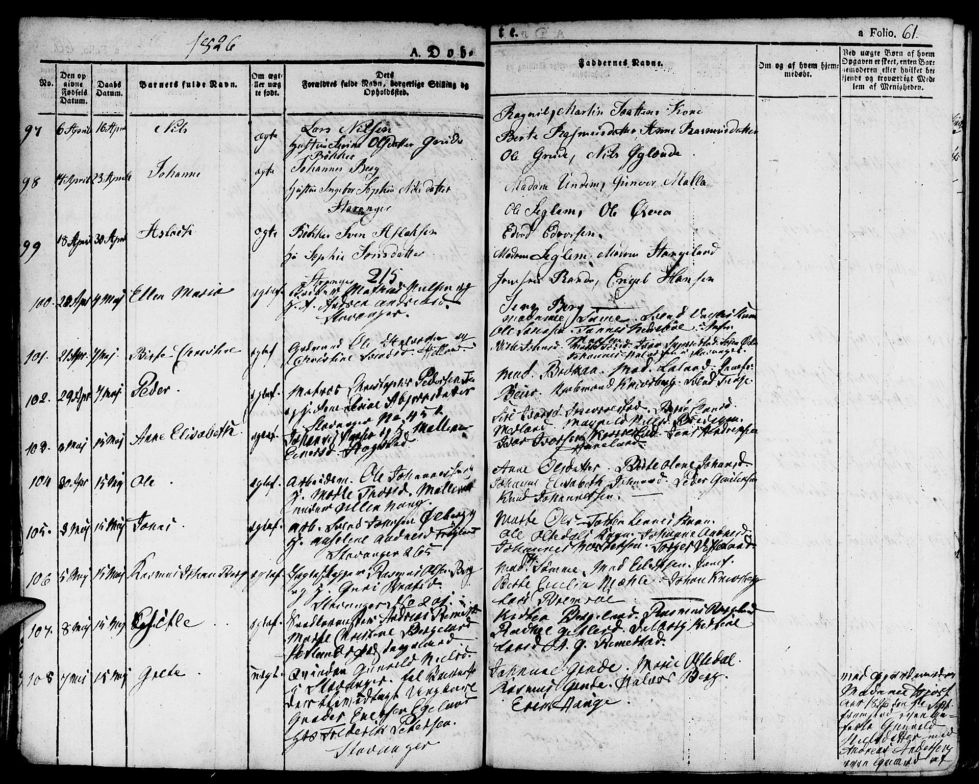 Domkirken sokneprestkontor, SAST/A-101812/001/30/30BA/L0009: Parish register (official) no. A 9, 1821-1832, p. 61