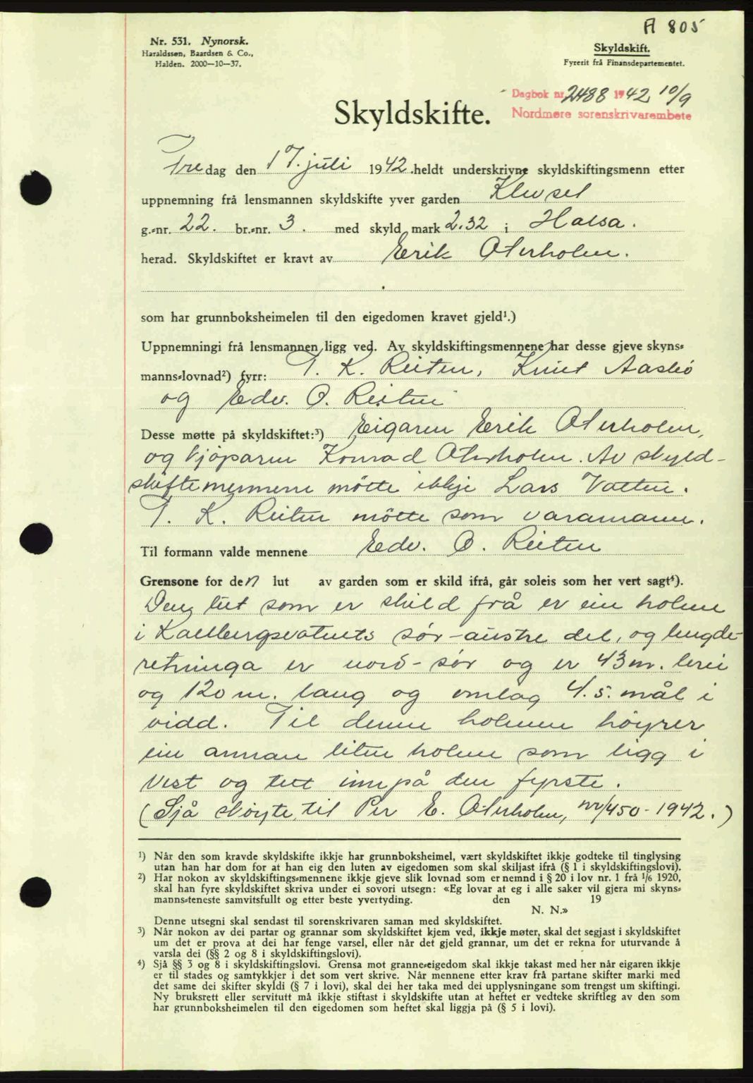 Nordmøre sorenskriveri, AV/SAT-A-4132/1/2/2Ca: Mortgage book no. A93, 1942-1942, Diary no: : 2488/1942