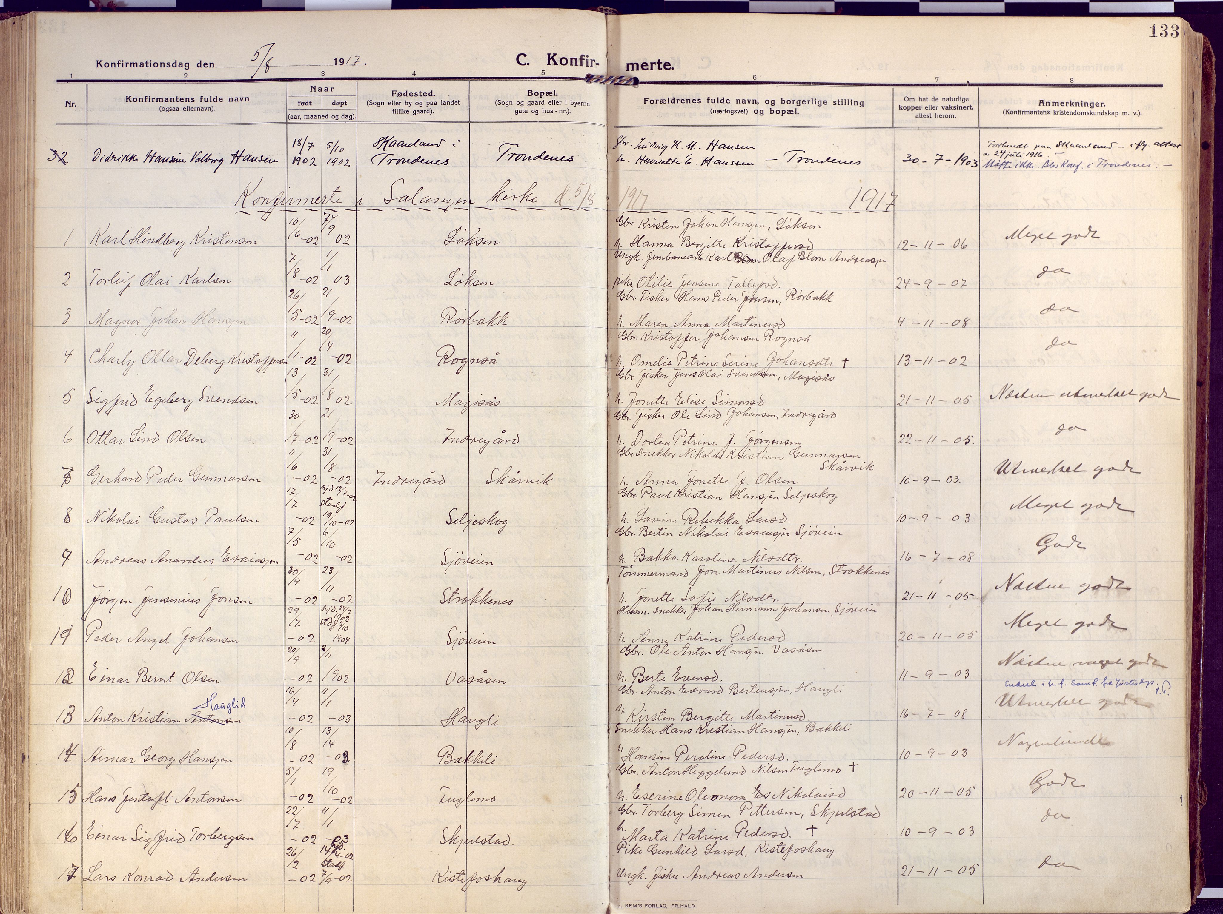 Salangen sokneprestembete, SATØ/S-1324/H/Ha/L0004kirke: Parish register (official) no. 4, 1912-1927, p. 133