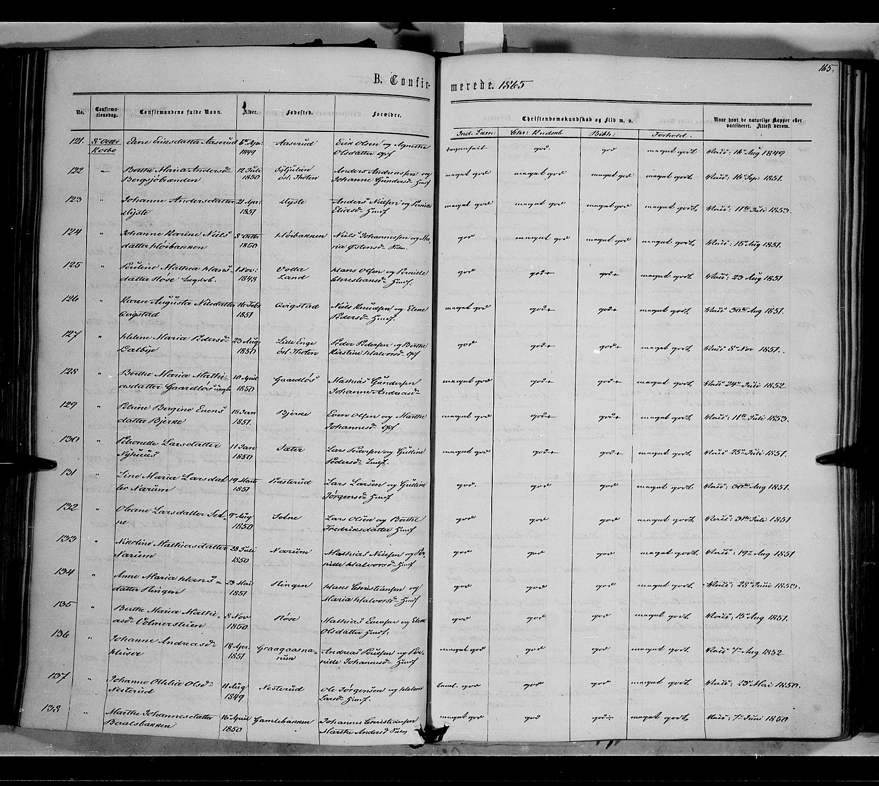 Vestre Toten prestekontor, SAH/PREST-108/H/Ha/Haa/L0007: Parish register (official) no. 7, 1862-1869, p. 165