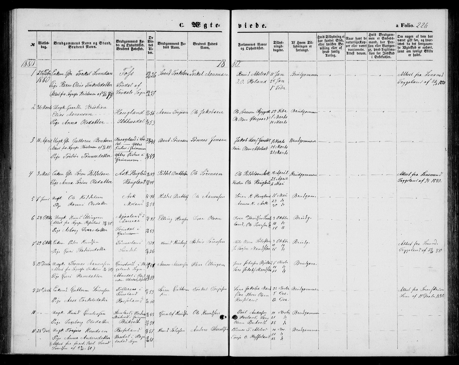 Bjelland sokneprestkontor, AV/SAK-1111-0005/F/Fb/Fba/L0004: Parish register (copy) no. B 4, 1869-1886, p. 226