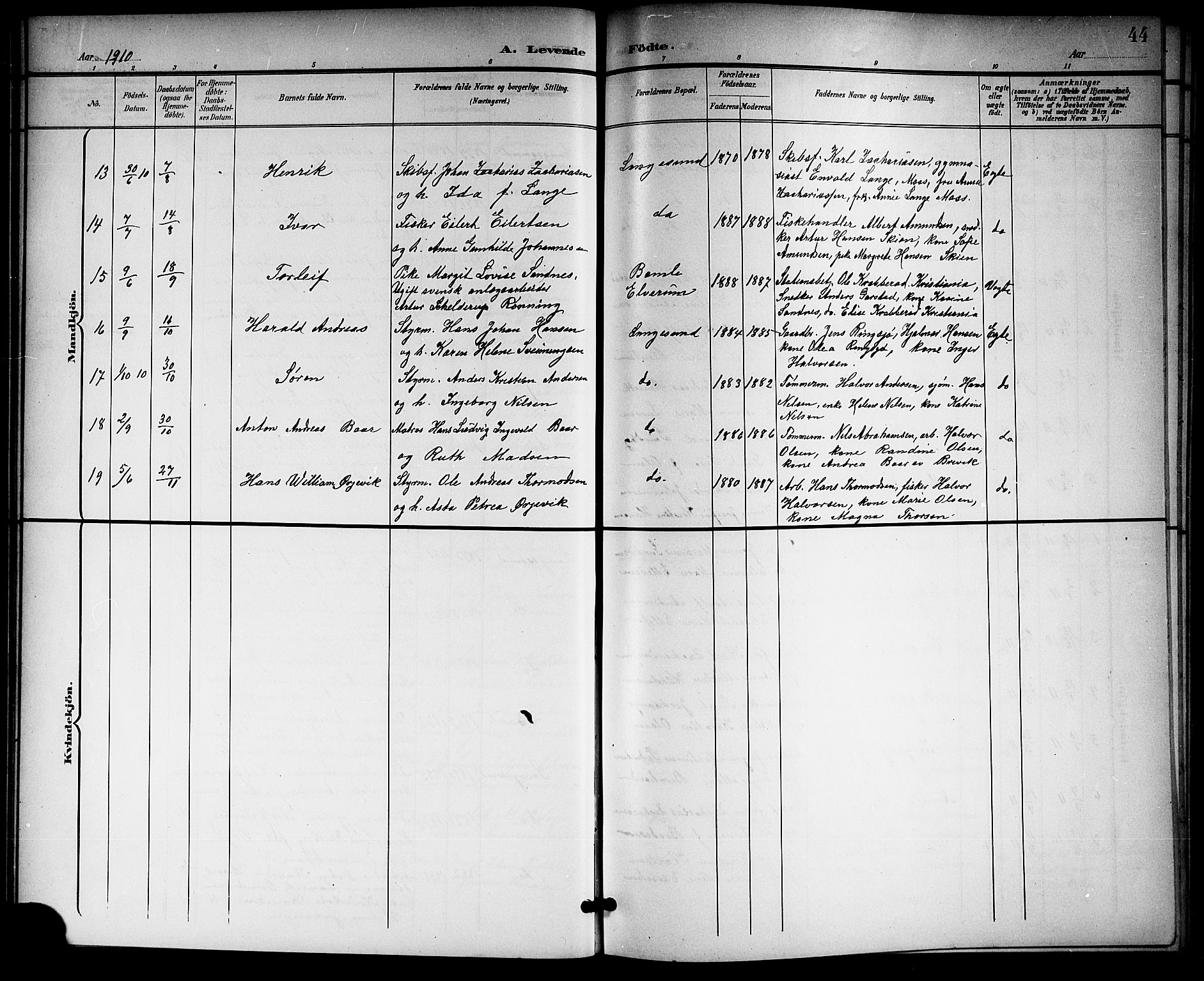 Langesund kirkebøker, SAKO/A-280/G/Ga/L0006: Parish register (copy) no. 6, 1899-1918, p. 44