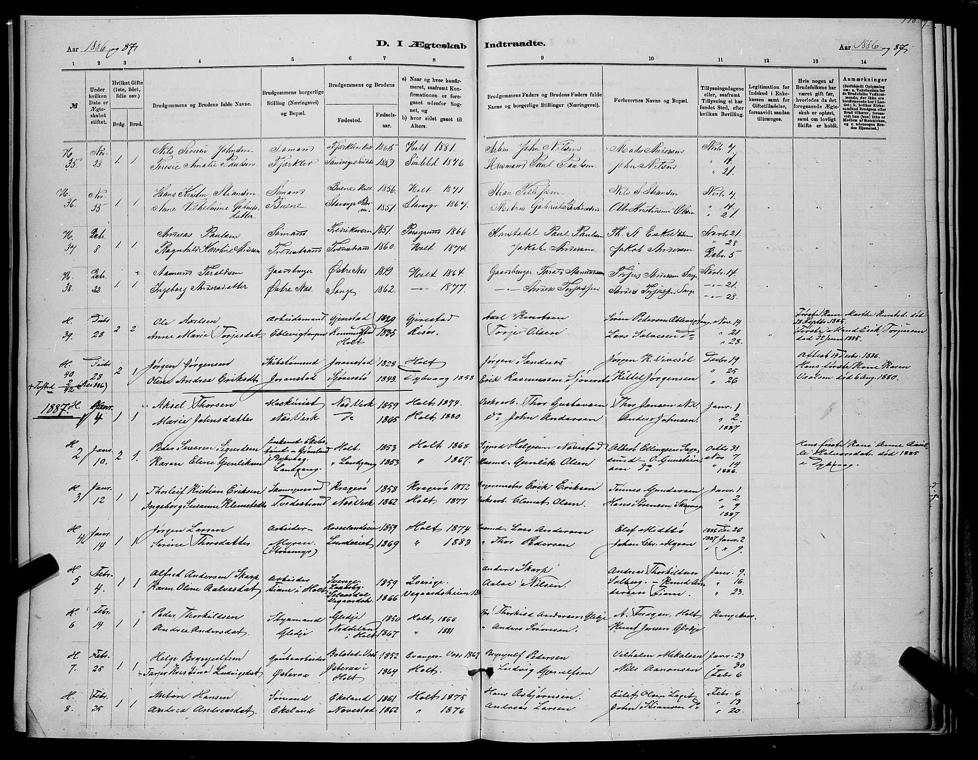 Holt sokneprestkontor, AV/SAK-1111-0021/F/Fb/L0010: Parish register (copy) no. B 10, 1883-1896, p. 178