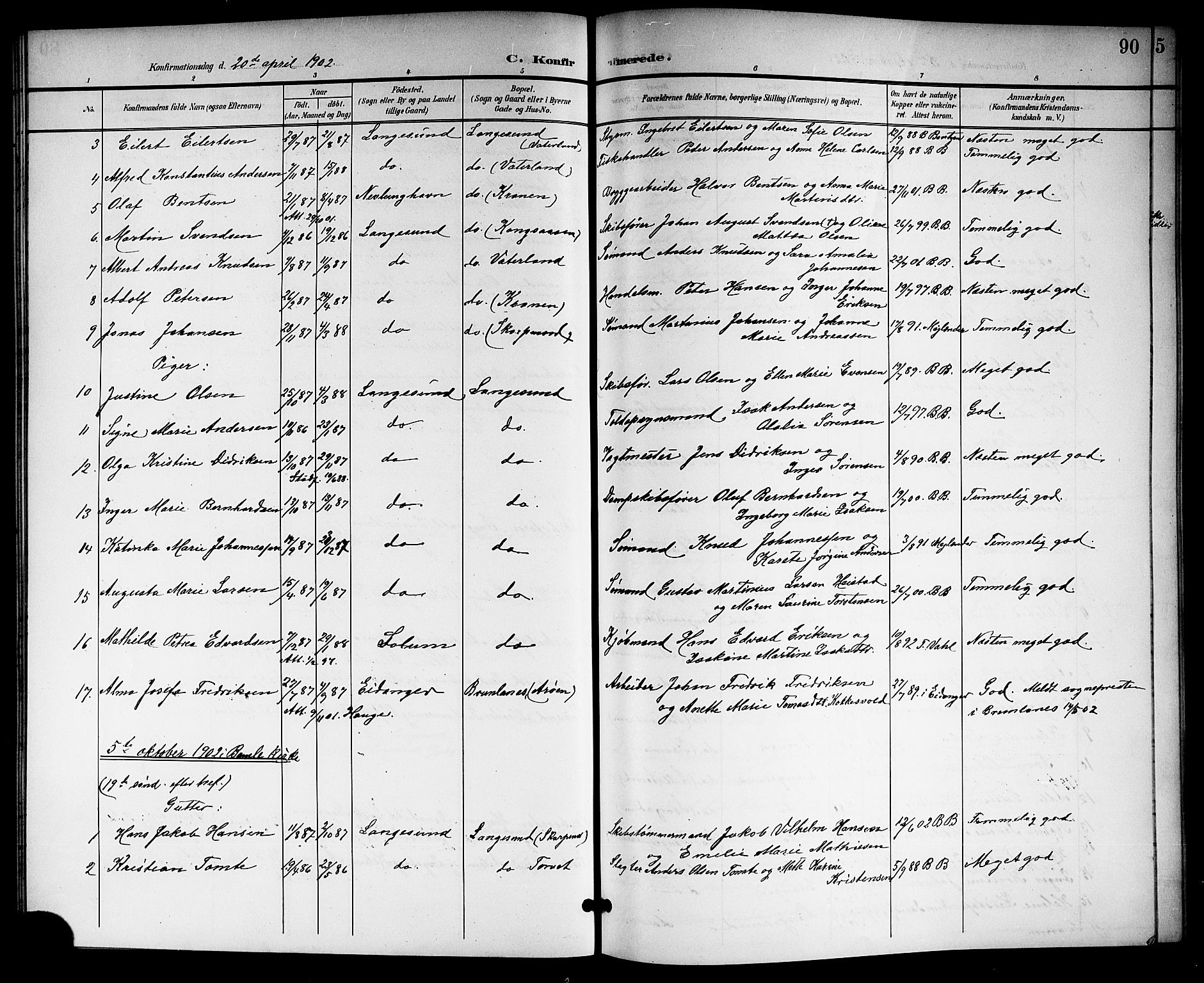 Langesund kirkebøker, SAKO/A-280/G/Ga/L0006: Parish register (copy) no. 6, 1899-1918, p. 90
