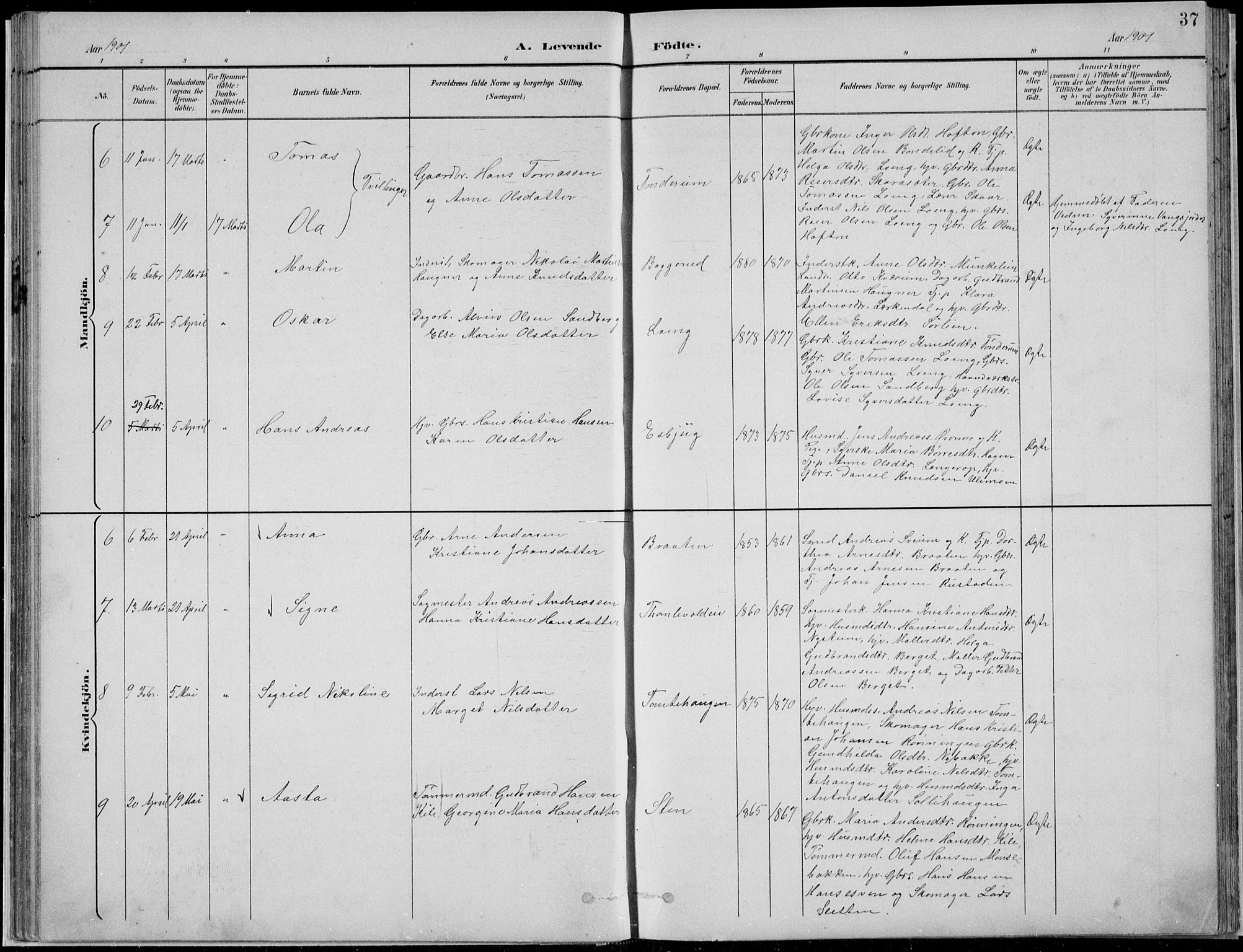 Nordre Land prestekontor, SAH/PREST-124/H/Ha/Hab/L0013: Parish register (copy) no. 13, 1891-1904, p. 37
