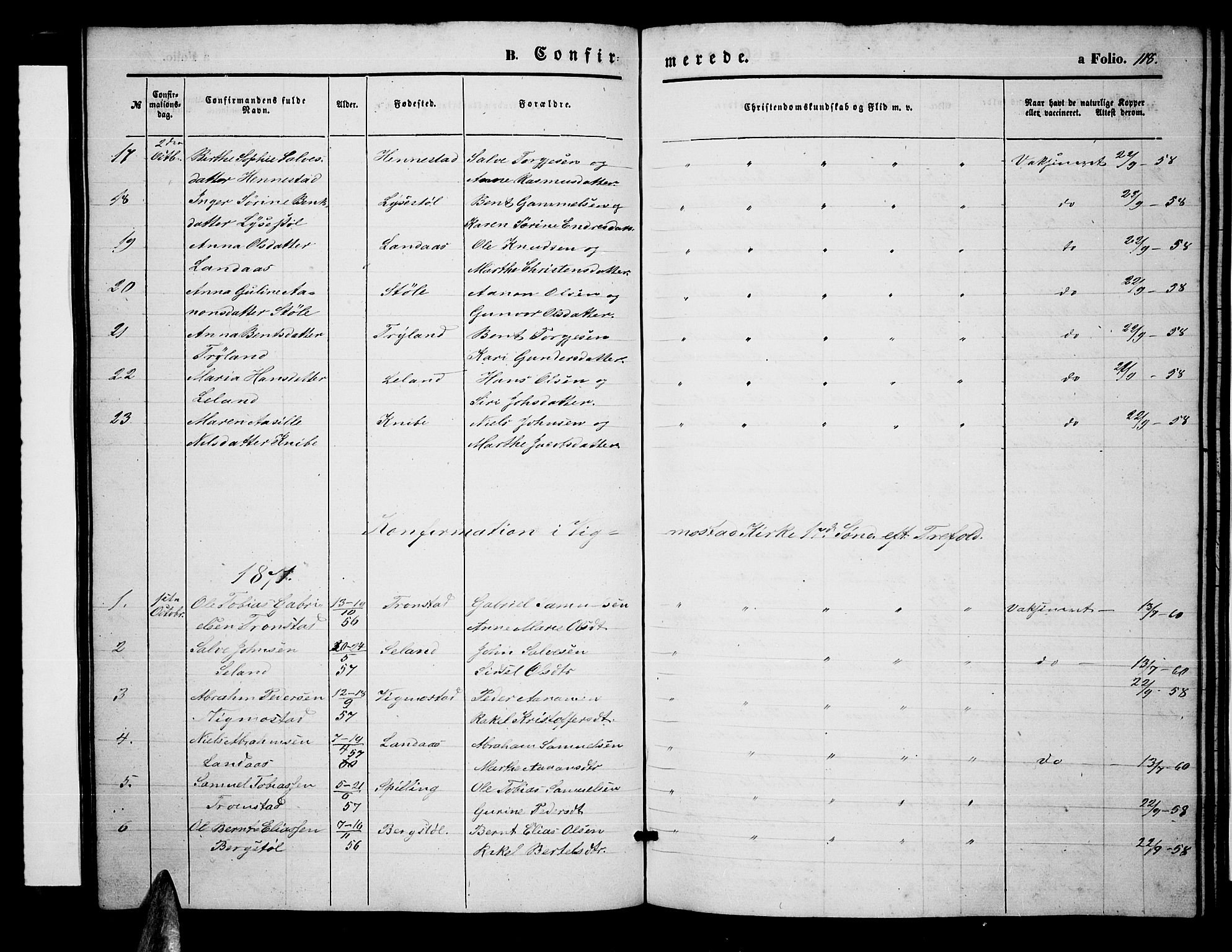 Nord-Audnedal sokneprestkontor, AV/SAK-1111-0032/F/Fb/Fbb/L0002: Parish register (copy) no. B 2, 1859-1882, p. 118