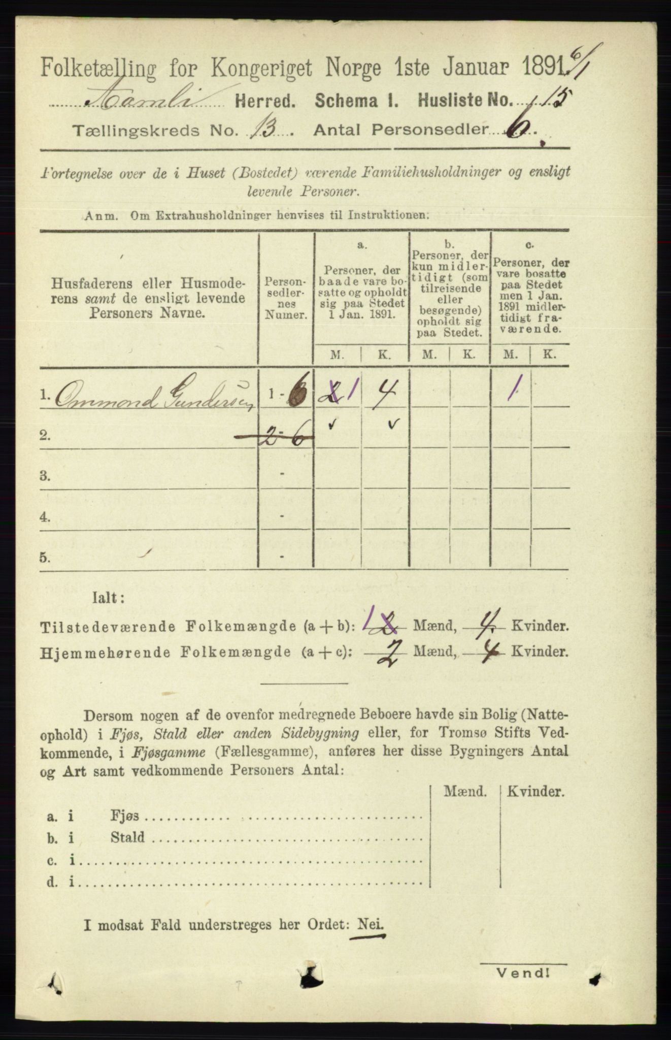 RA, 1891 census for 0929 Åmli, 1891, p. 2147