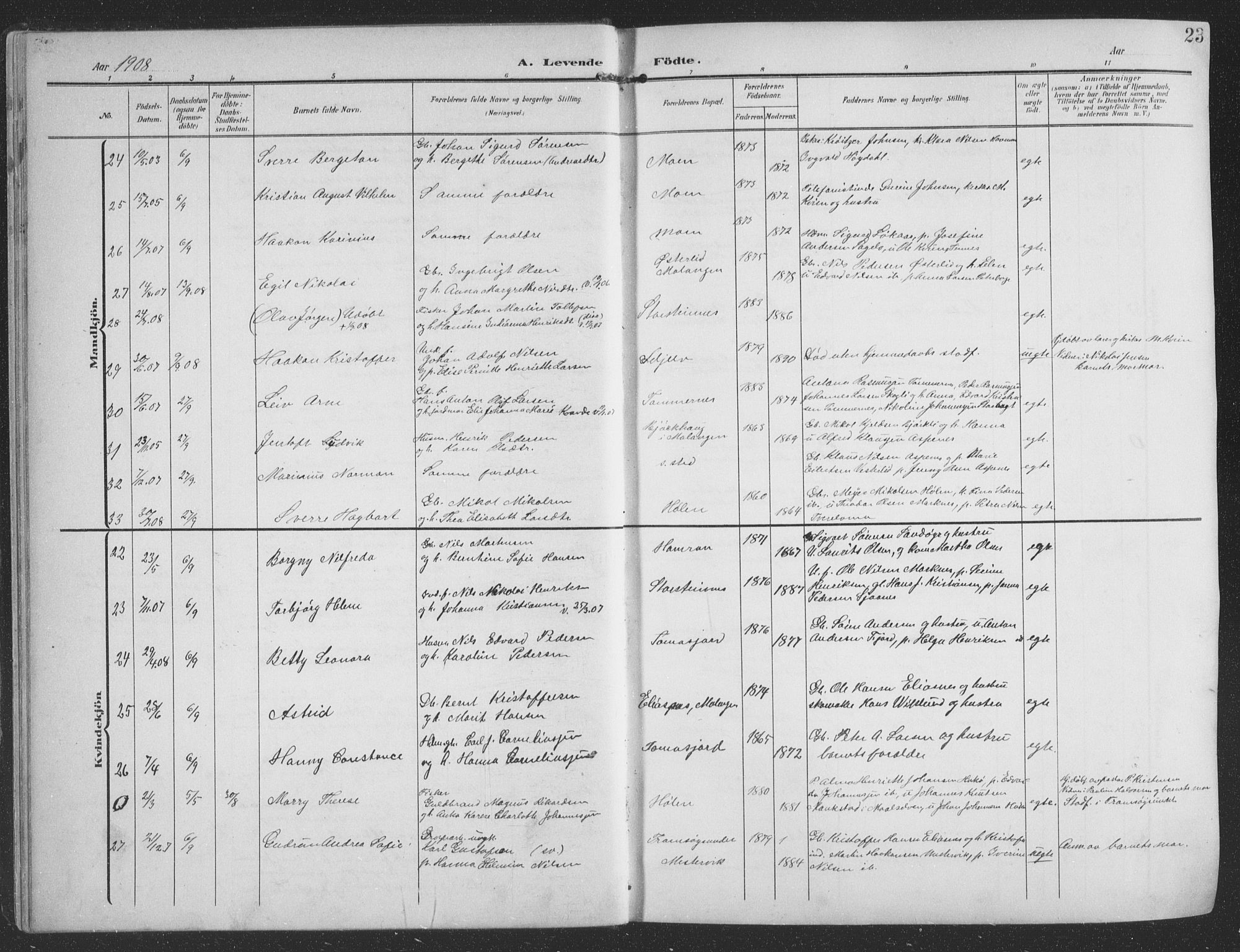 Balsfjord sokneprestembete, AV/SATØ-S-1303/G/Ga/L0009klokker: Parish register (copy) no. 9, 1906-1920, p. 23