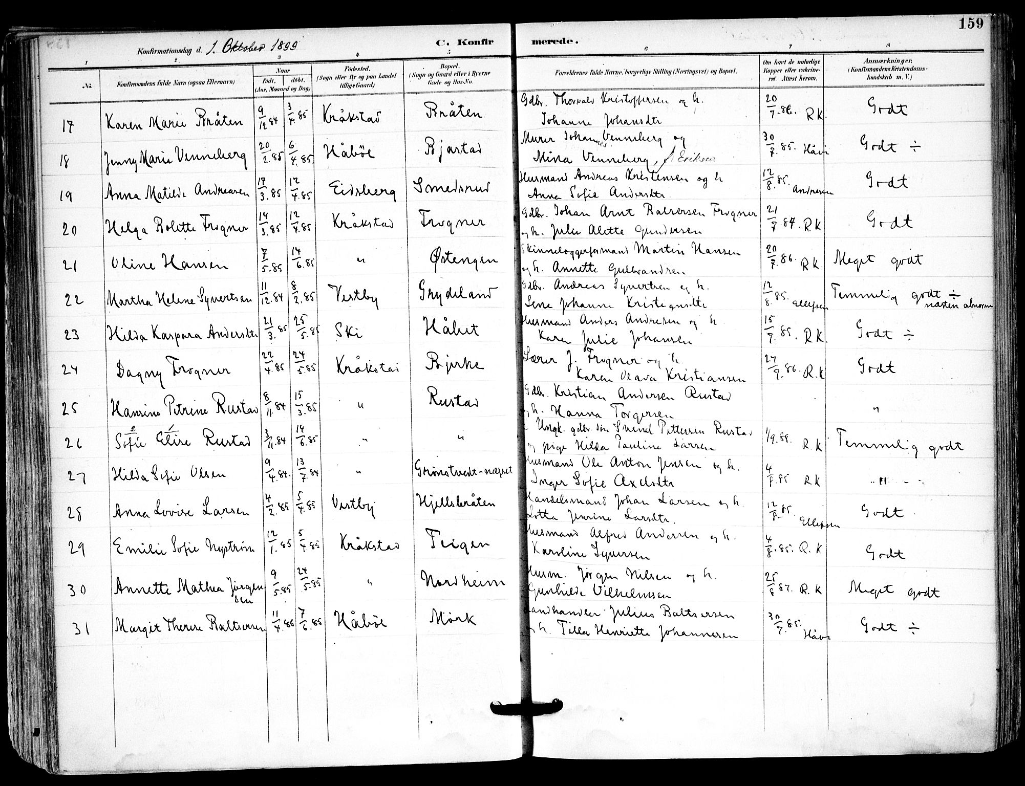 Kråkstad prestekontor Kirkebøker, SAO/A-10125a/F/Fa/L0010: Parish register (official) no. I 10, 1893-1931, p. 159
