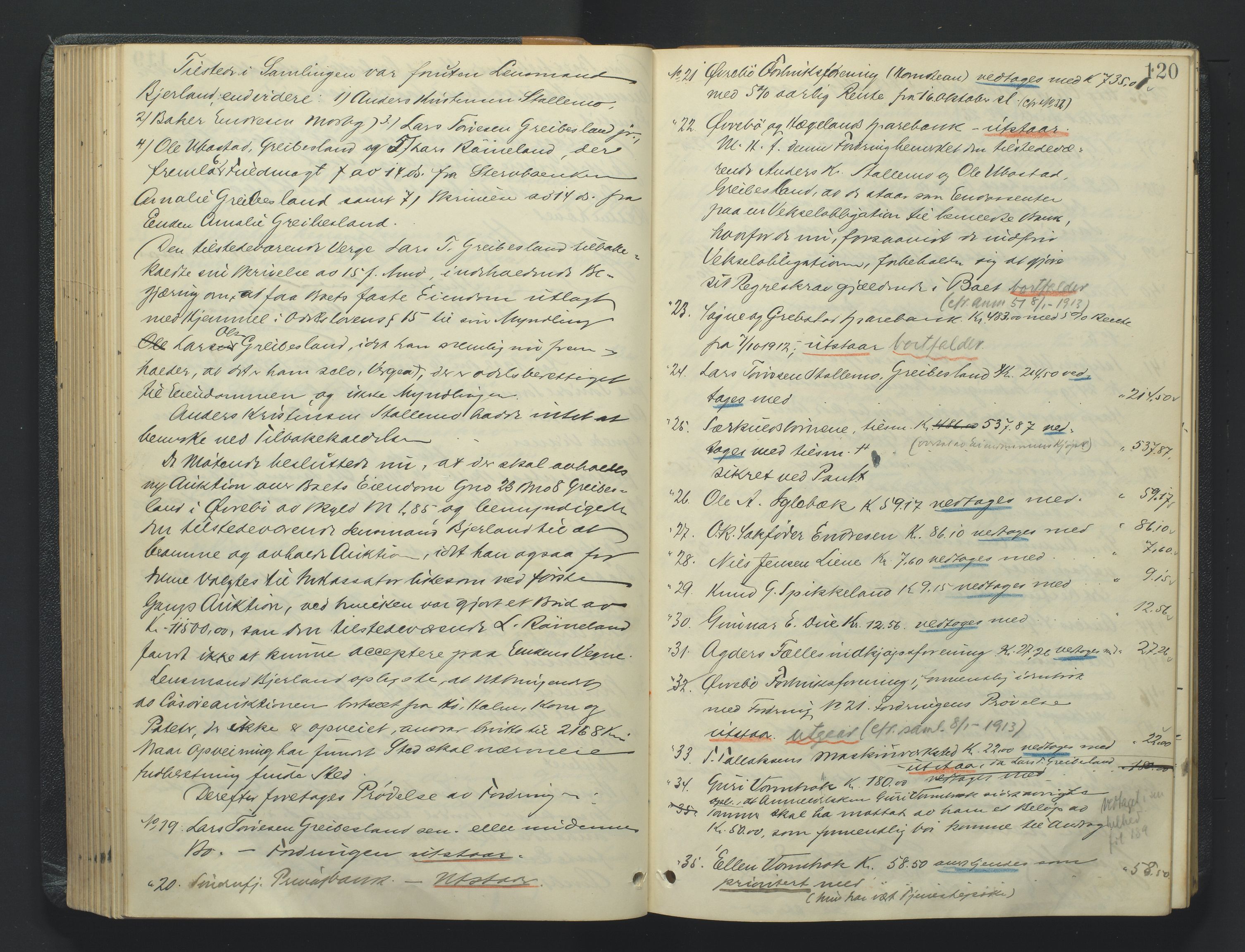 Torridal sorenskriveri, AV/SAK-1221-0012/H/Hc/L0022: Skifteforhandlingsprotokoll med navneregister nr. 8, 1911-1915, p. 120
