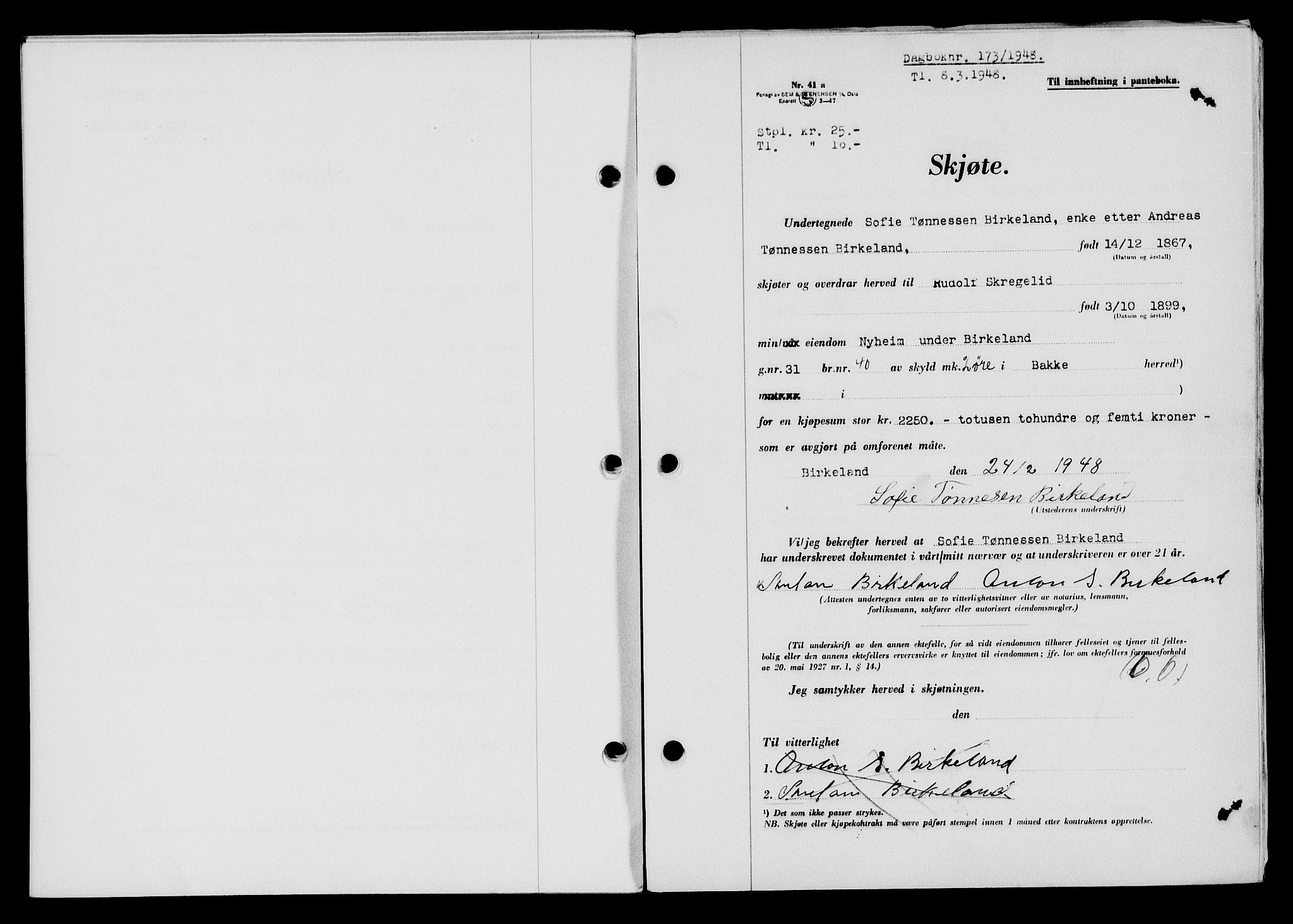 Flekkefjord sorenskriveri, SAK/1221-0001/G/Gb/Gba/L0063: Mortgage book no. A-11, 1947-1948, Diary no: : 173/1948