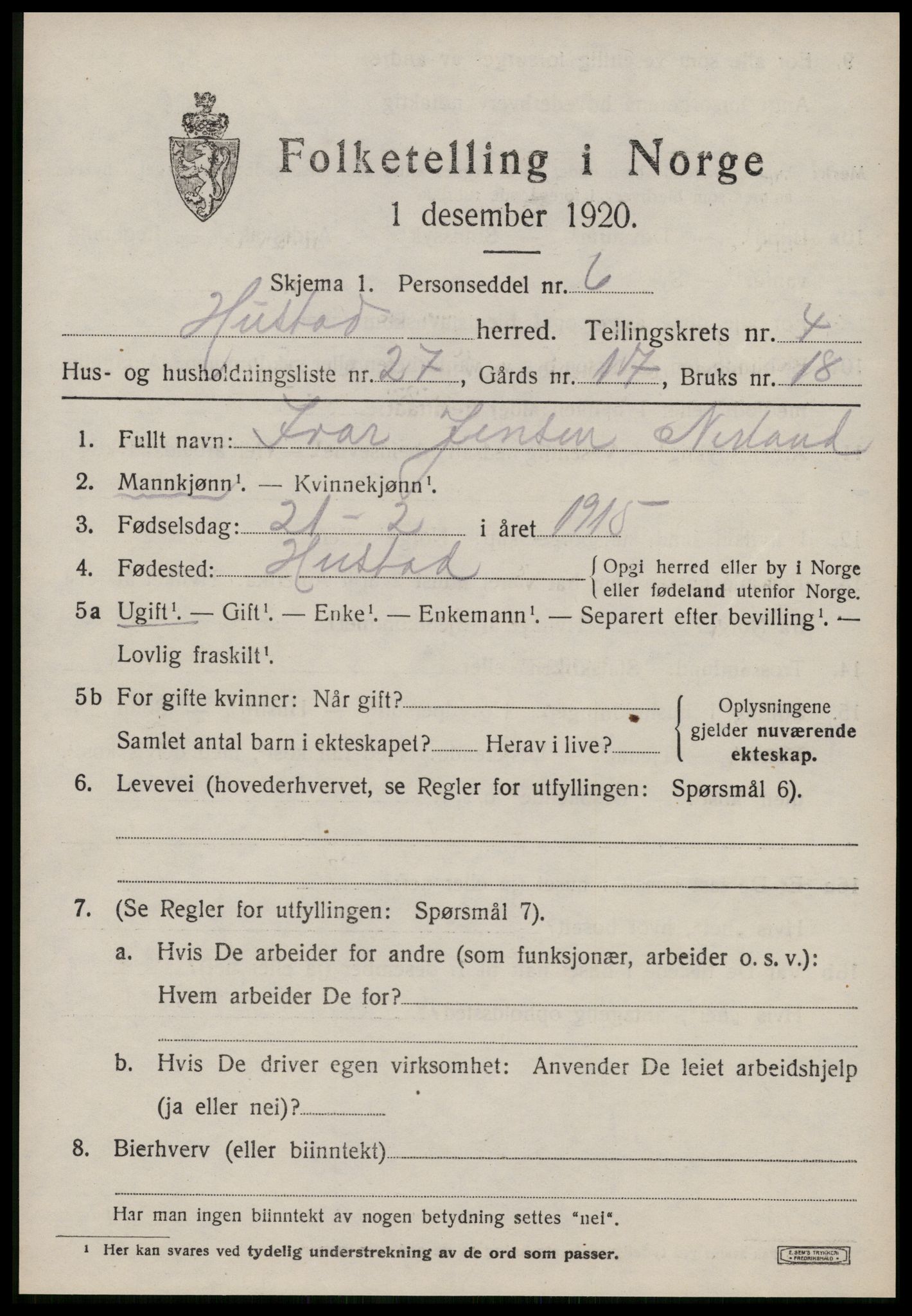 SAT, 1920 census for Hustad, 1920, p. 3245