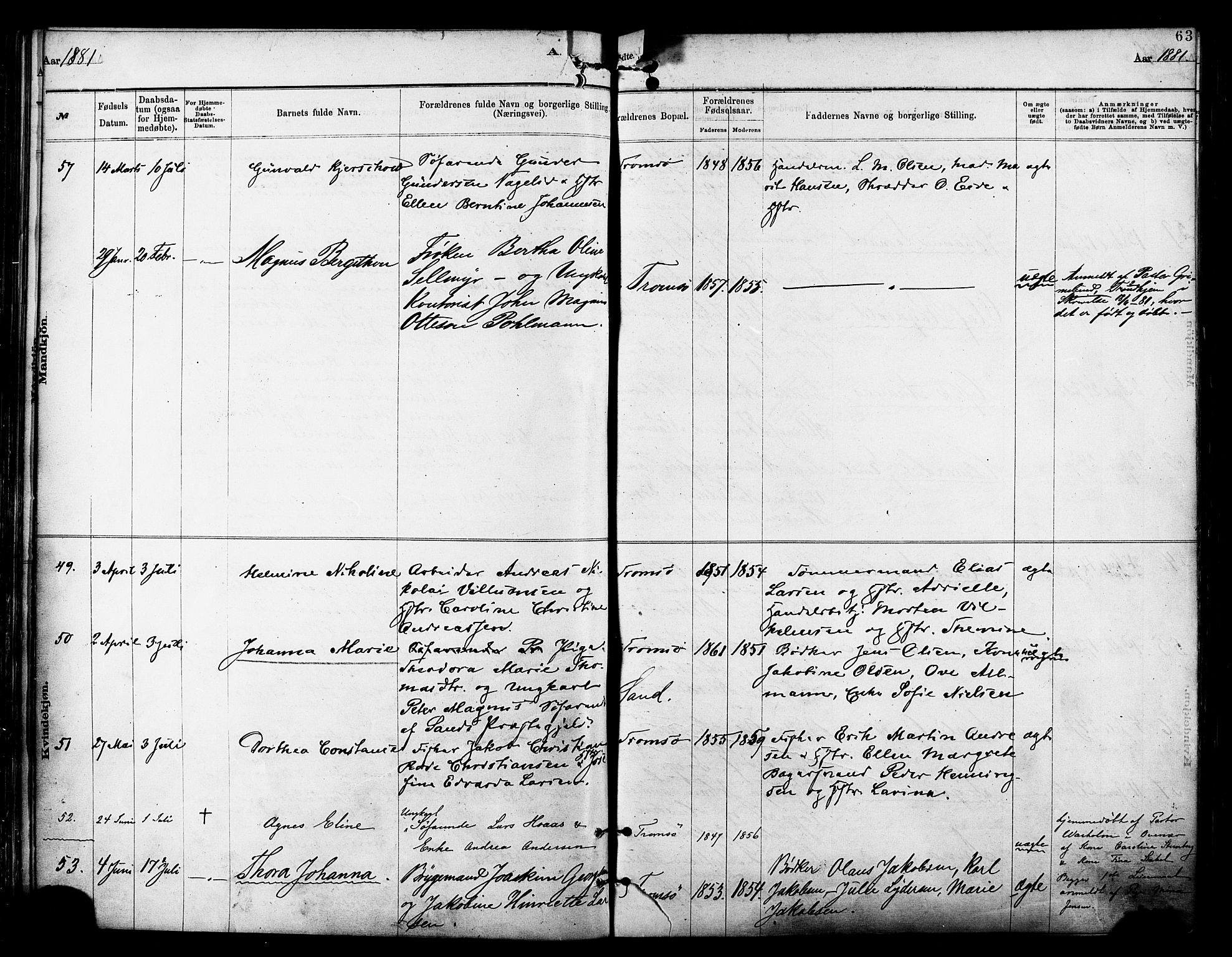 Tromsø sokneprestkontor/stiftsprosti/domprosti, SATØ/S-1343/G/Ga/L0014kirke: Parish register (official) no. 14, 1878-1888, p. 63