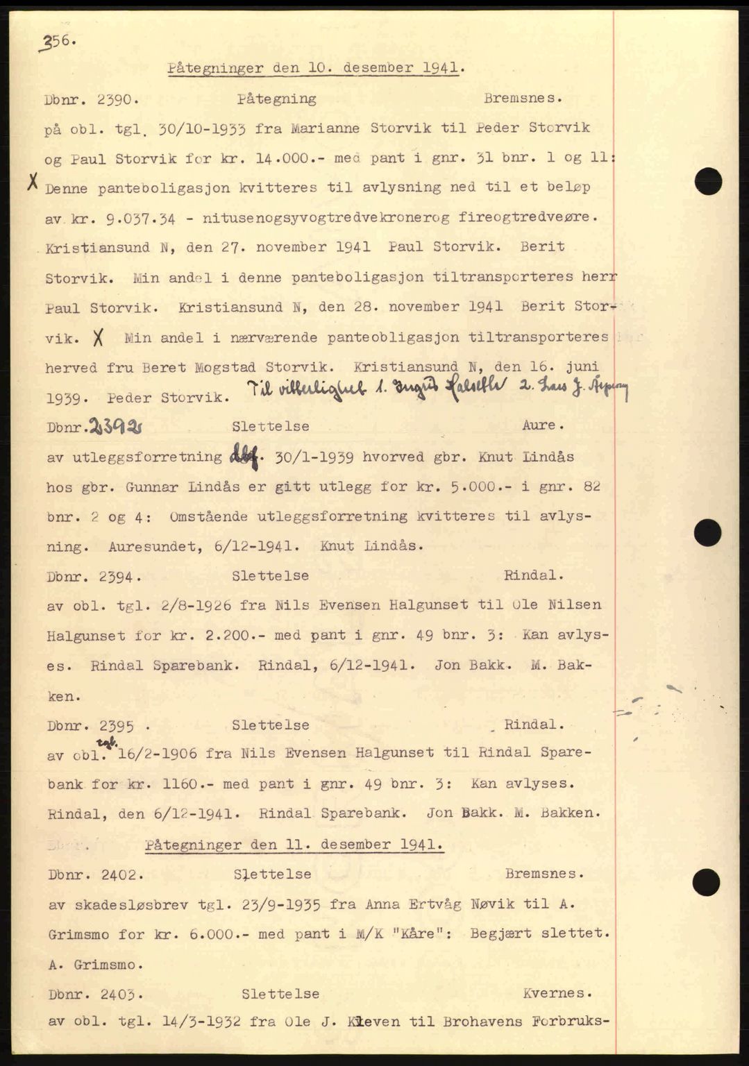 Nordmøre sorenskriveri, AV/SAT-A-4132/1/2/2Ca: Mortgage book no. C81, 1940-1945, Diary no: : 2390/1941