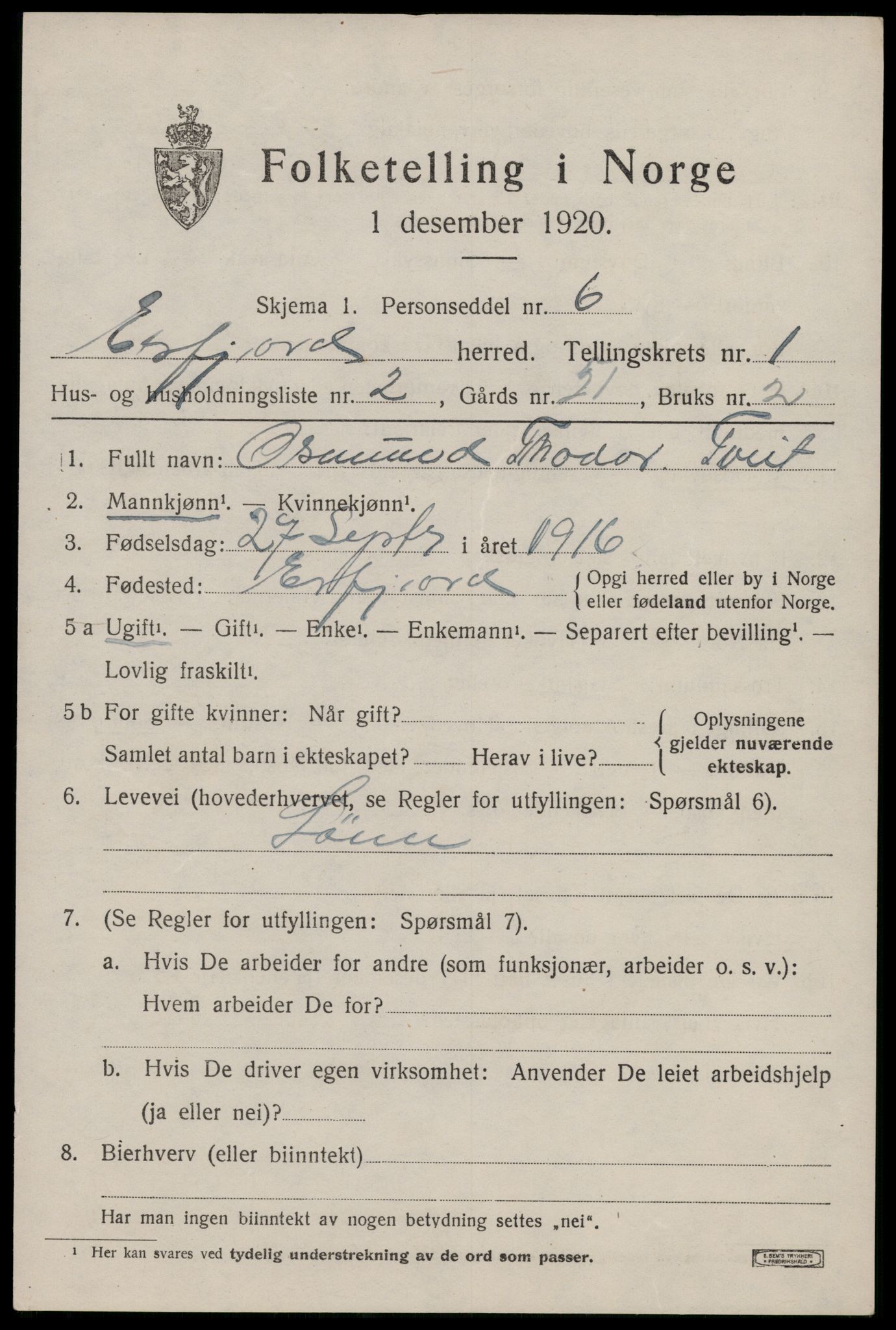 SAST, 1920 census for Erfjord, 1920, p. 293