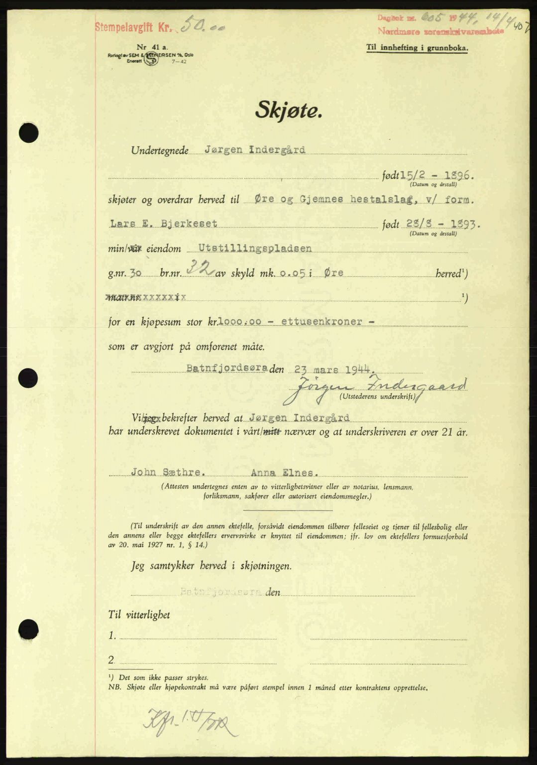 Nordmøre sorenskriveri, AV/SAT-A-4132/1/2/2Ca: Mortgage book no. A97, 1944-1944, Diary no: : 605/1944