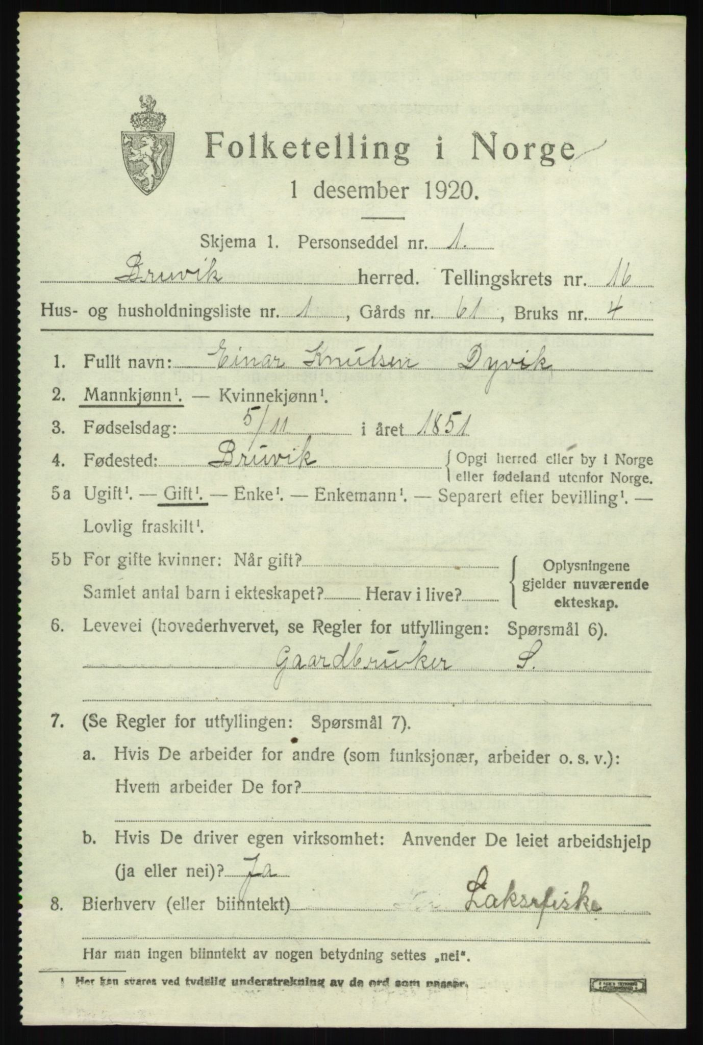 SAB, 1920 census for Bruvik, 1920, p. 9540