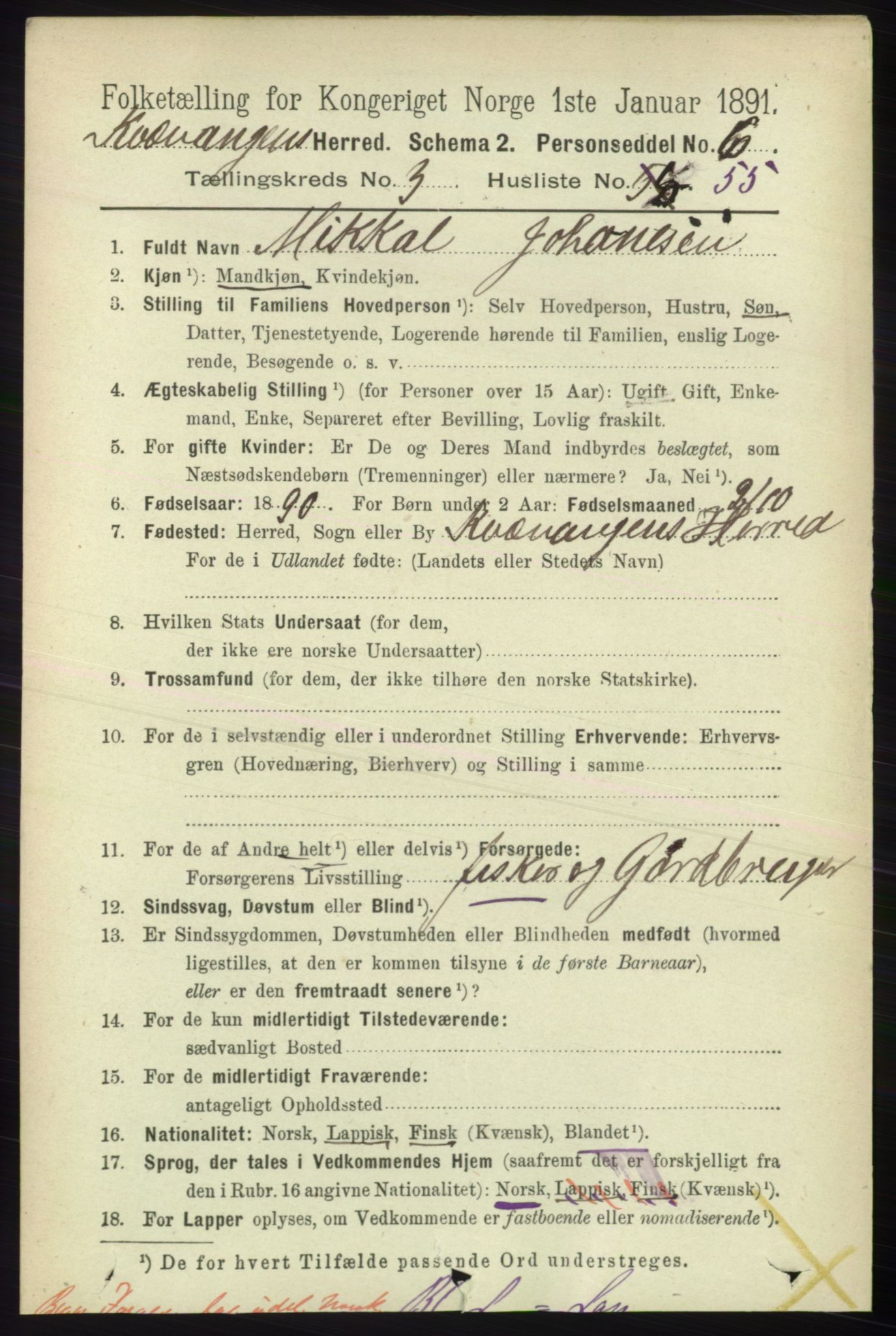 RA, 1891 census for 1943 Kvænangen, 1891, p. 1450