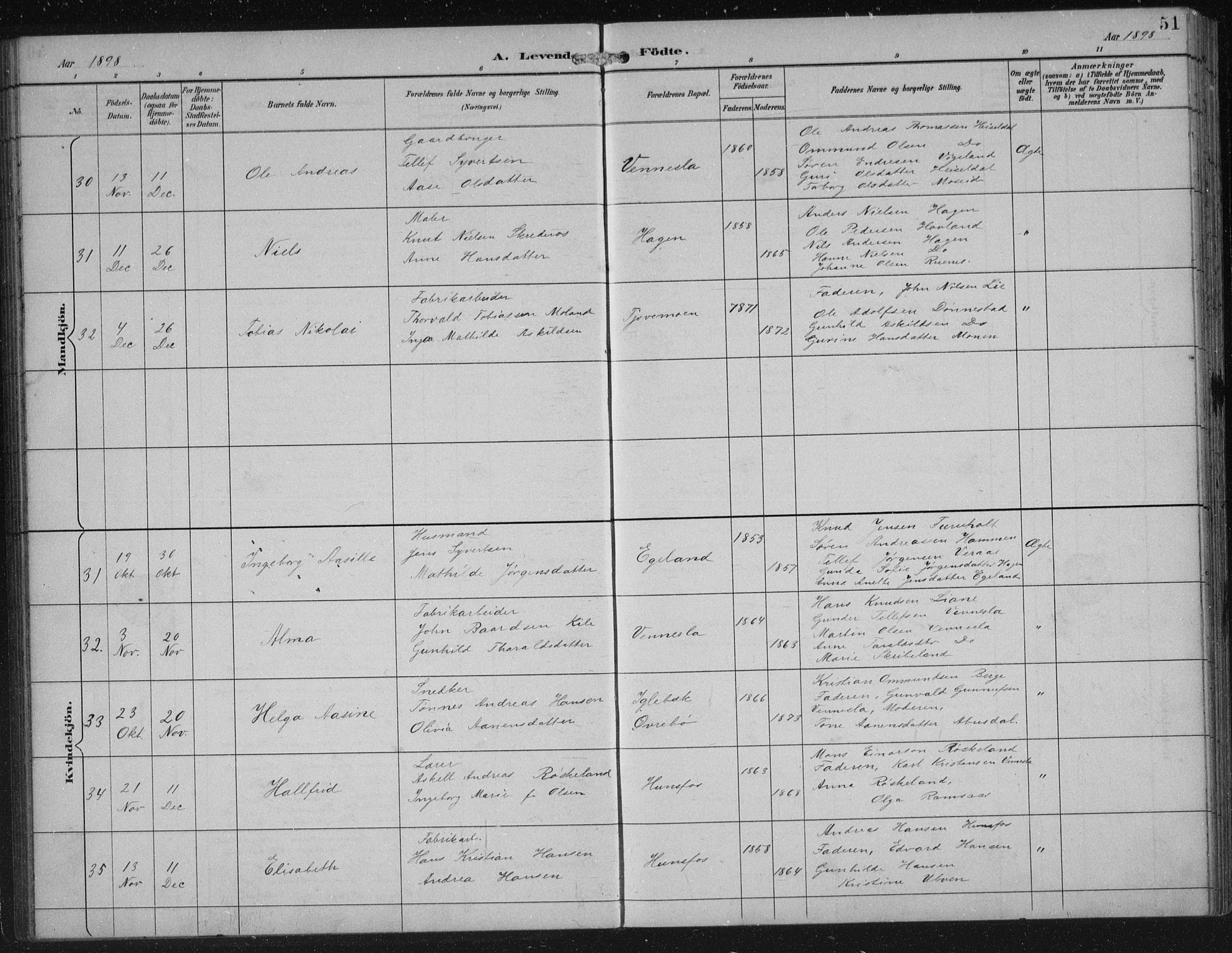 Vennesla sokneprestkontor, AV/SAK-1111-0045/Fb/Fbb/L0004: Parish register (copy) no. B 4, 1893-1902, p. 51