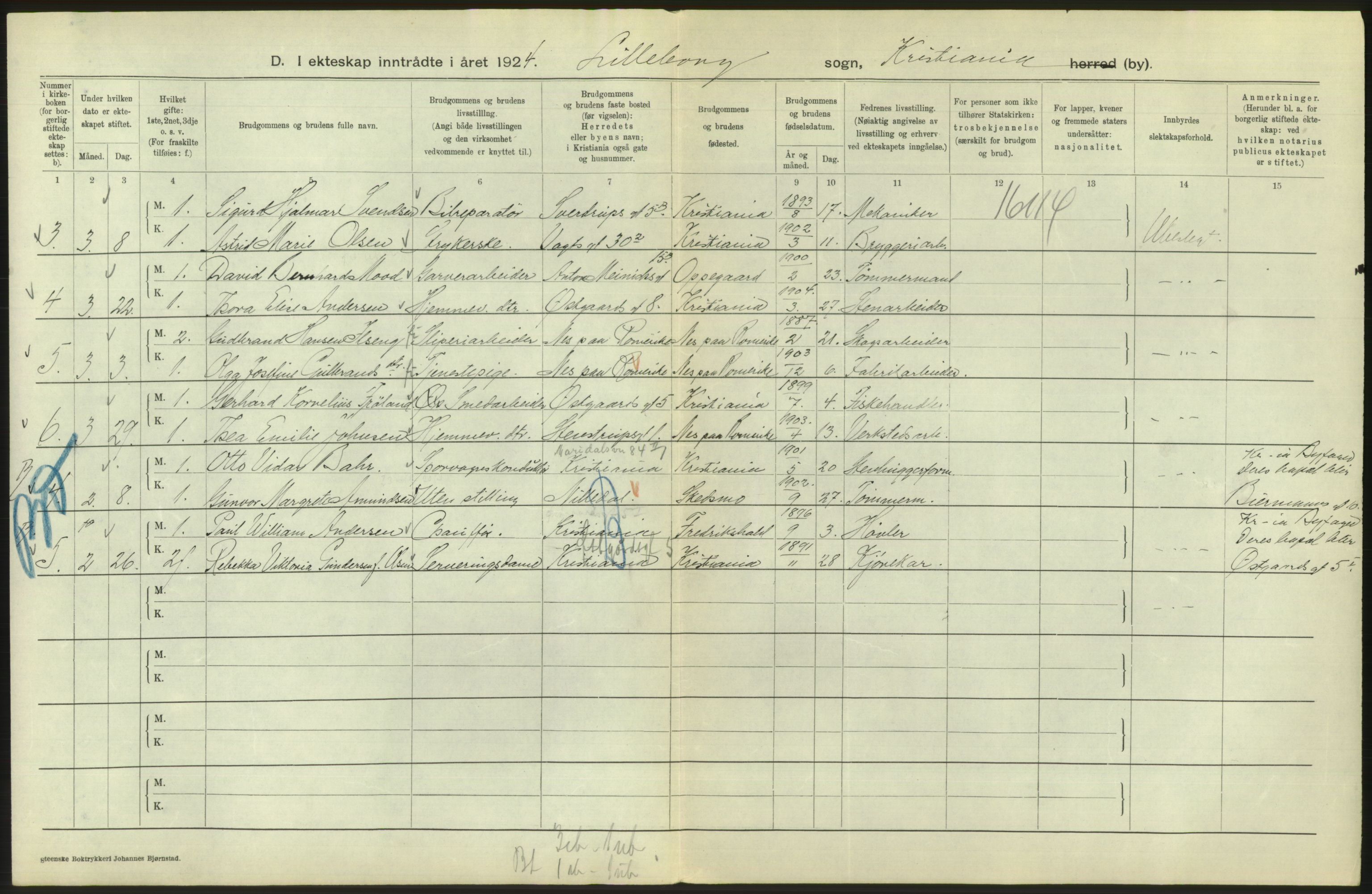 Statistisk sentralbyrå, Sosiodemografiske emner, Befolkning, RA/S-2228/D/Df/Dfc/Dfcd/L0007: Kristiania: Gifte, 1924, p. 800