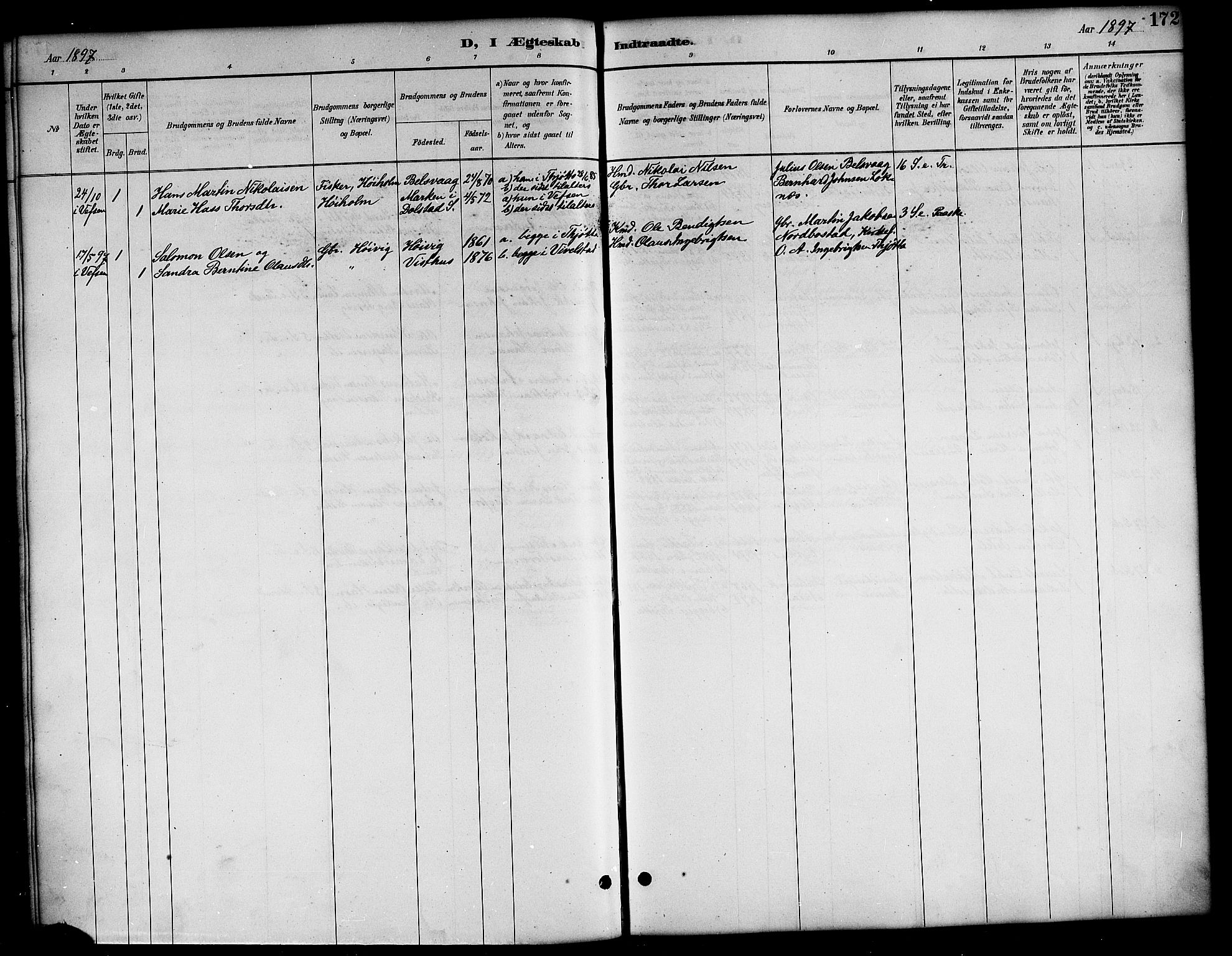 Ministerialprotokoller, klokkerbøker og fødselsregistre - Nordland, SAT/A-1459/819/L0277: Parish register (copy) no. 819C03, 1888-1917, p. 172