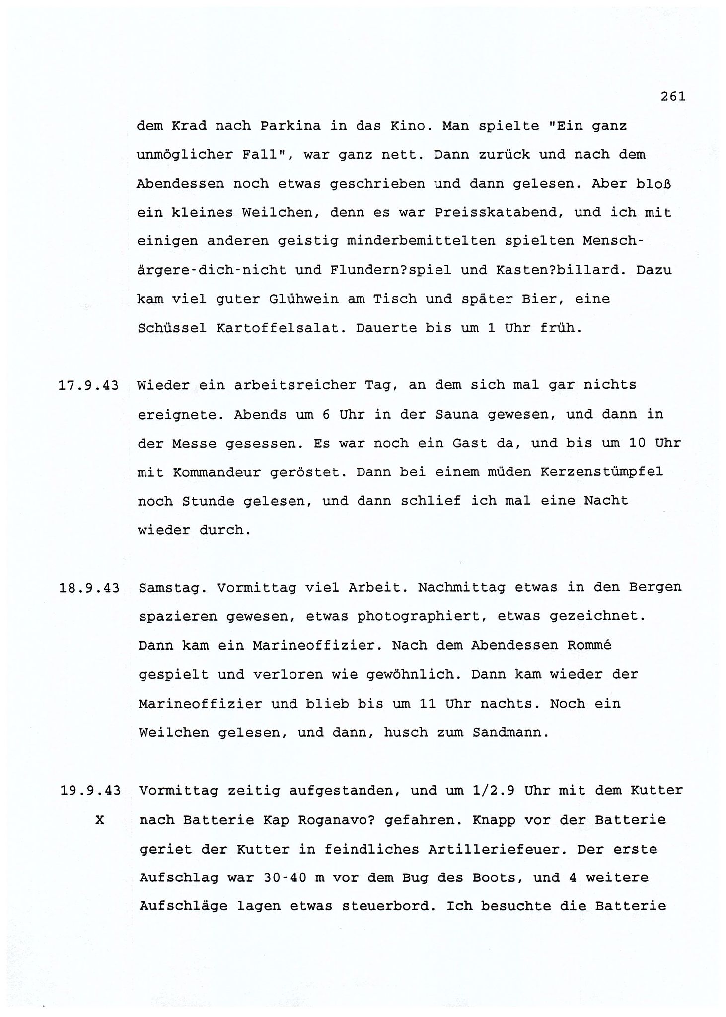 Dagbokopptegnelser av en tysk marineoffiser stasjonert i Norge , FMFB/A-1160/F/L0001: Dagbokopptegnelser av en tysk marineoffiser stasjonert i Norge, 1941-1944, p. 261