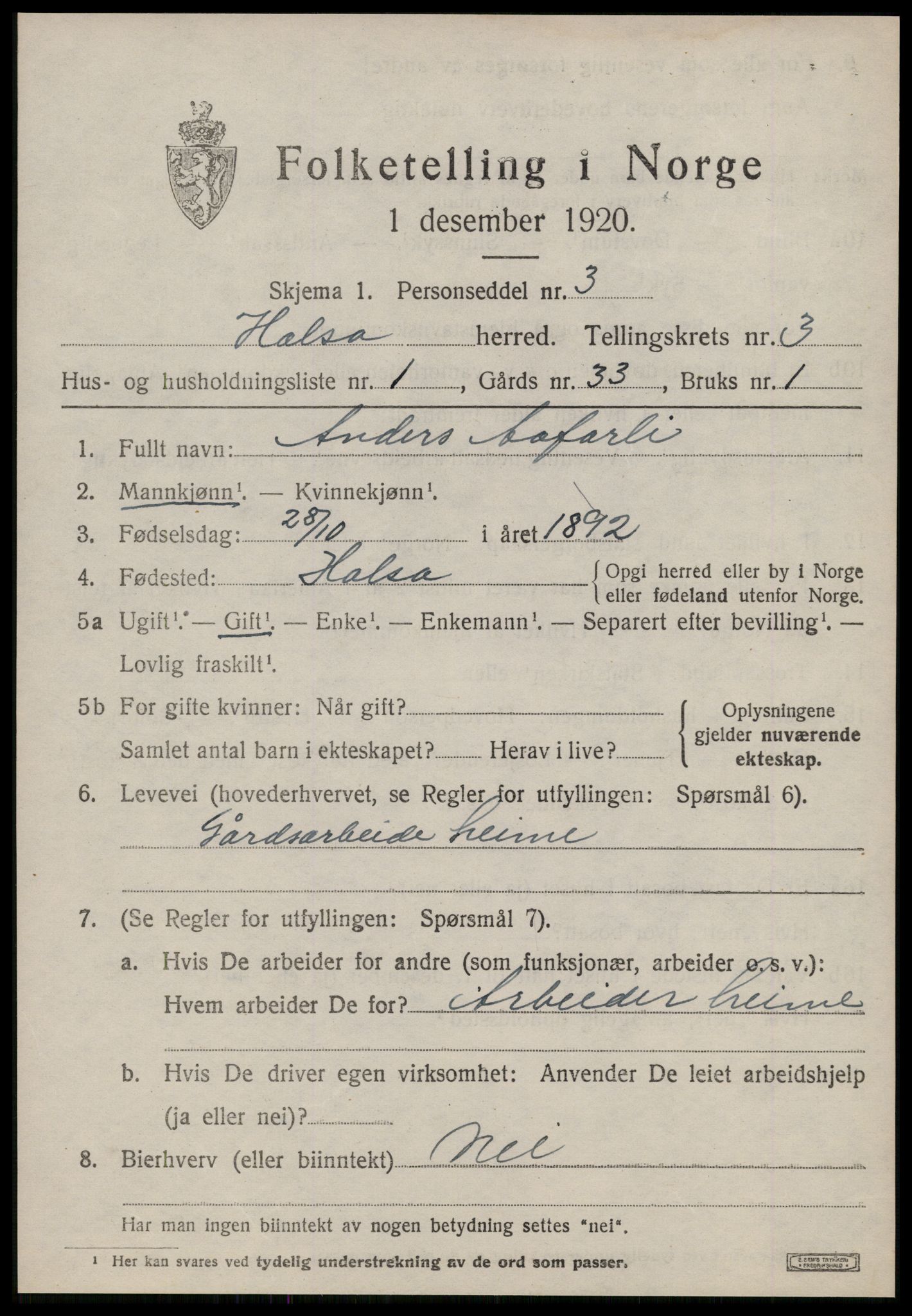 SAT, 1920 census for Halsa, 1920, p. 1106