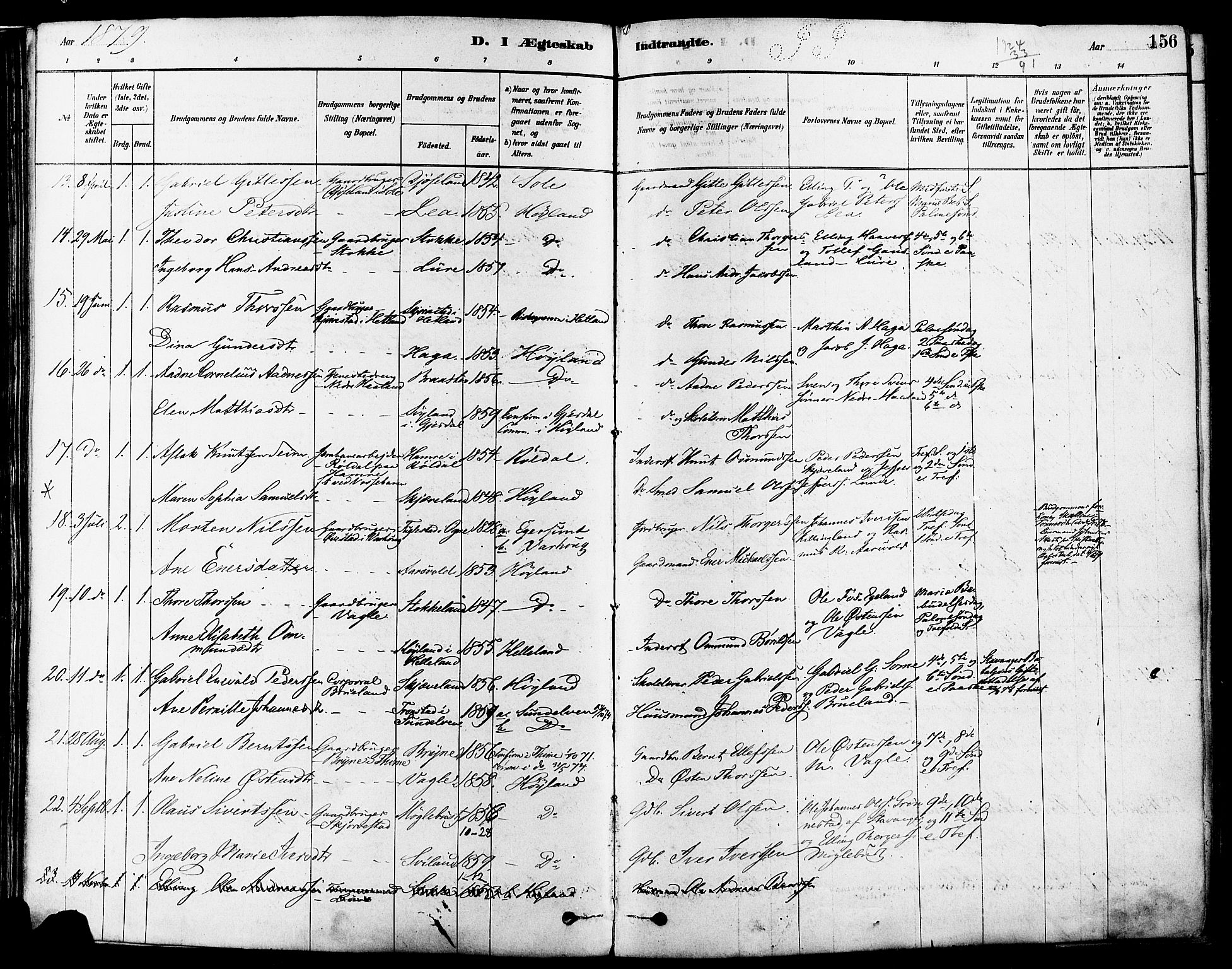 Høyland sokneprestkontor, AV/SAST-A-101799/001/30BA/L0011: Parish register (official) no. A 10, 1878-1888, p. 156