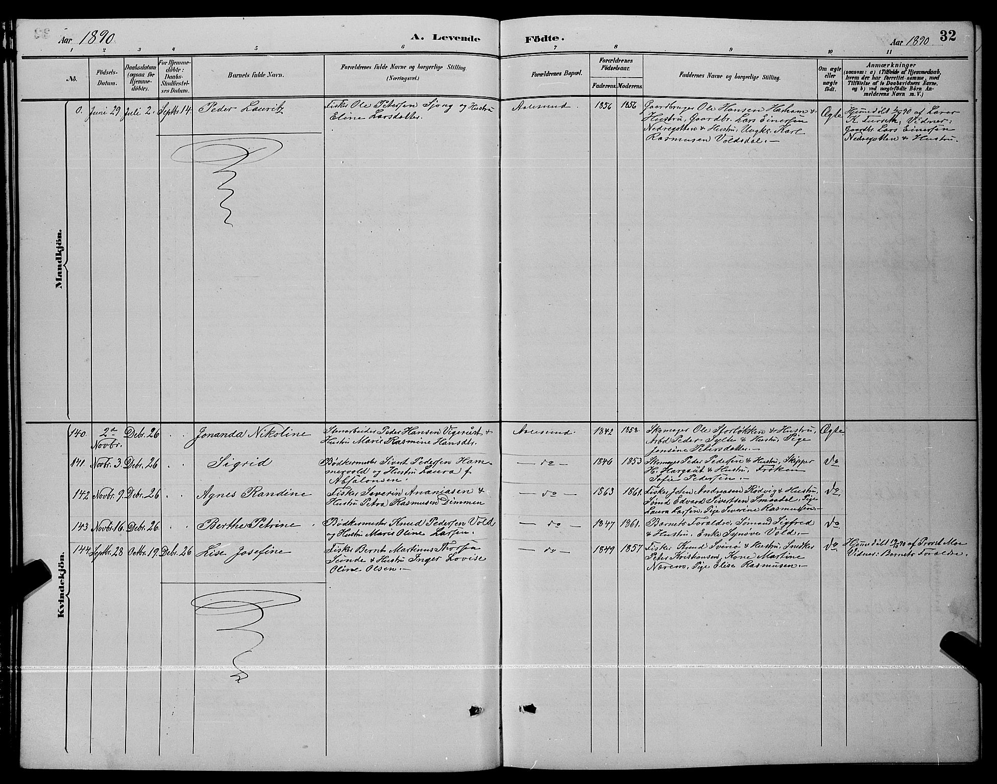 Ministerialprotokoller, klokkerbøker og fødselsregistre - Møre og Romsdal, AV/SAT-A-1454/529/L0467: Parish register (copy) no. 529C04, 1889-1897, p. 32