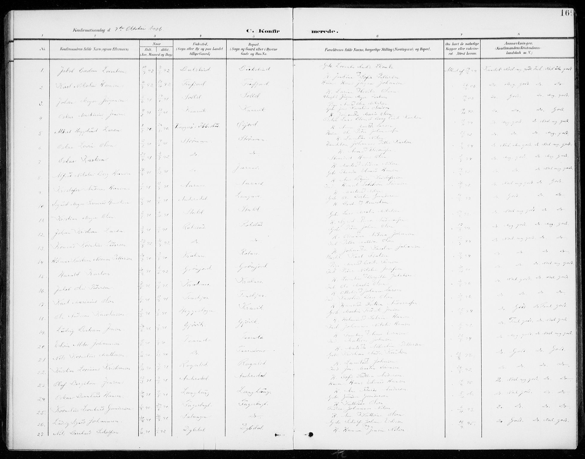 Lenvik sokneprestembete, AV/SATØ-S-1310/H/Ha/Haa/L0014kirke: Parish register (official) no. 14, 1899-1909, p. 169