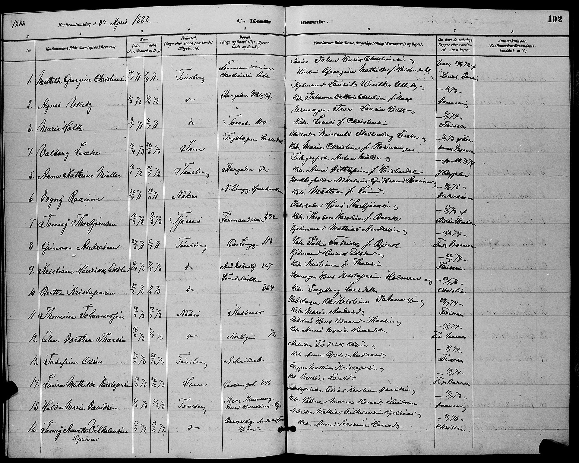 Tønsberg kirkebøker, AV/SAKO-A-330/G/Ga/L0006: Parish register (copy) no. 6, 1885-1895, p. 192