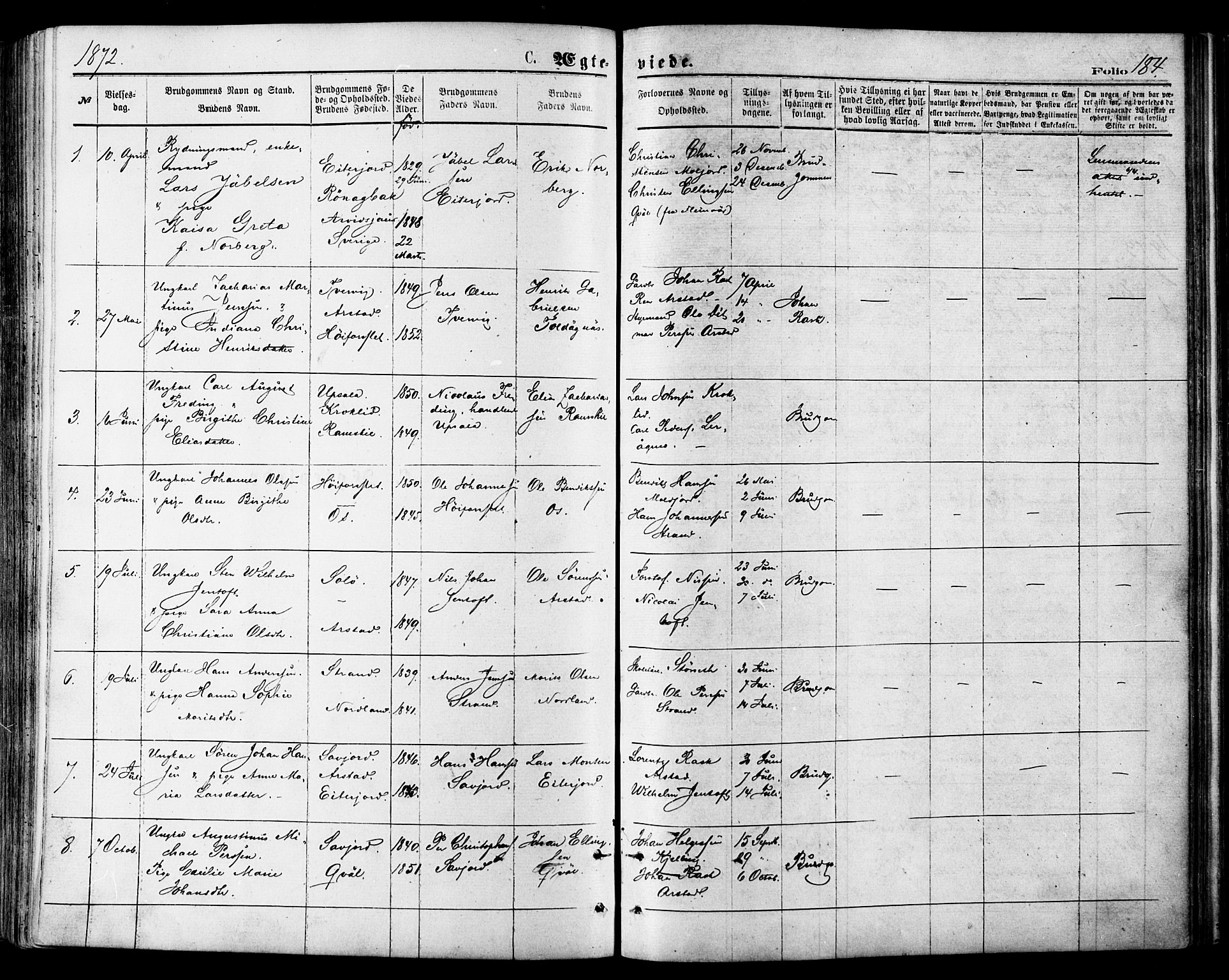 Ministerialprotokoller, klokkerbøker og fødselsregistre - Nordland, SAT/A-1459/846/L0645: Parish register (official) no. 846A03, 1872-1886, p. 184