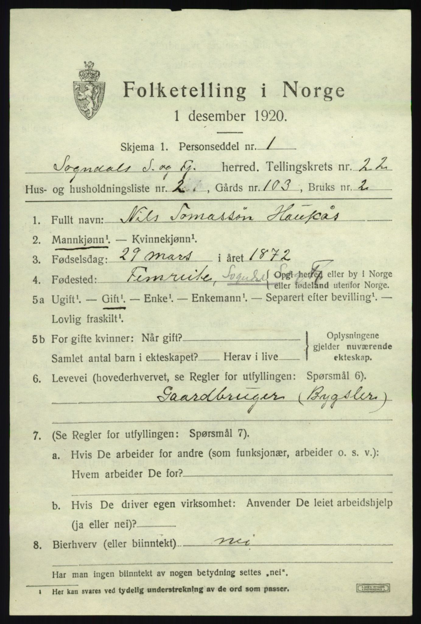 SAB, 1920 census for Sogndal, 1920, p. 7959