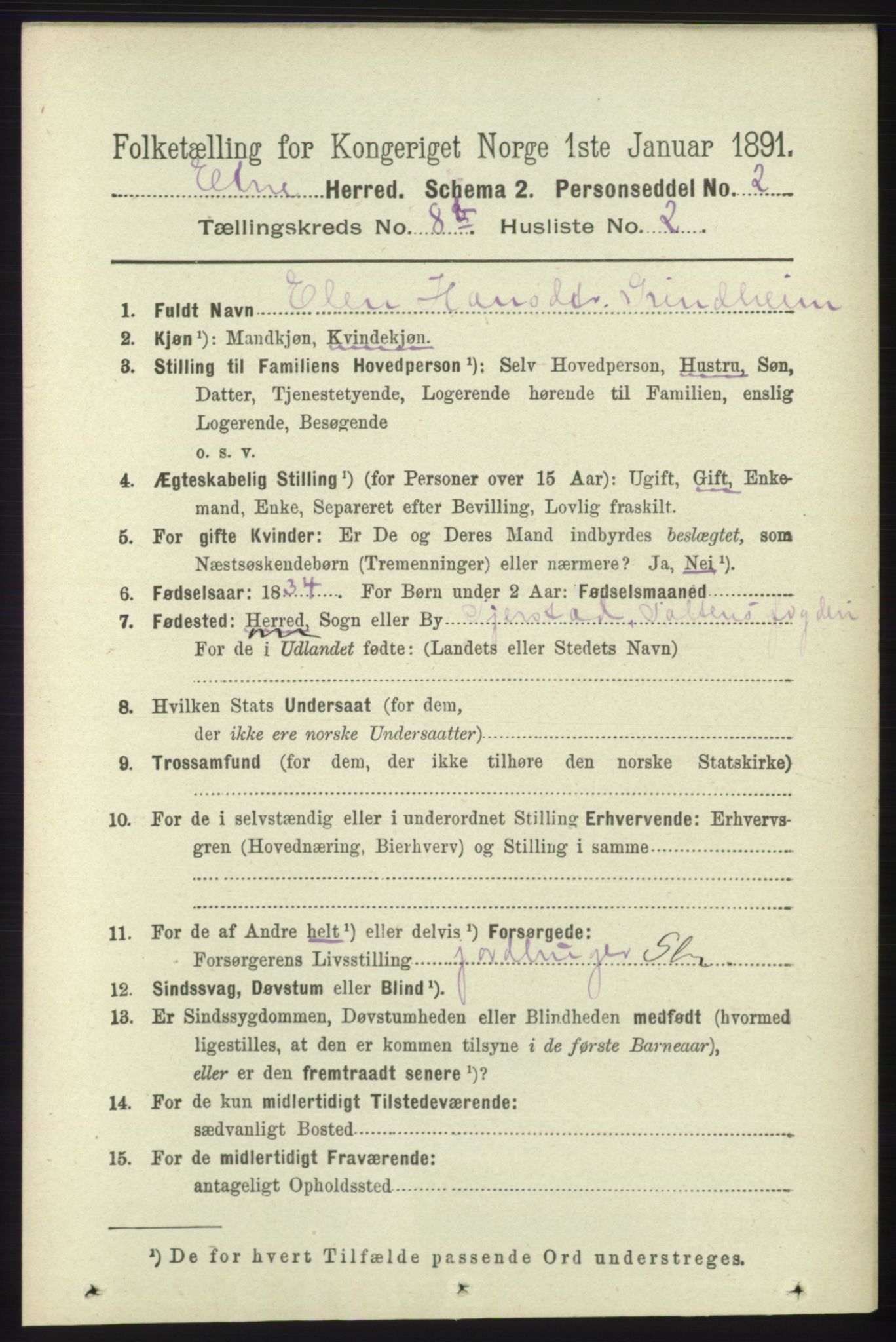 RA, 1891 census for 1211 Etne, 1891, p. 1621