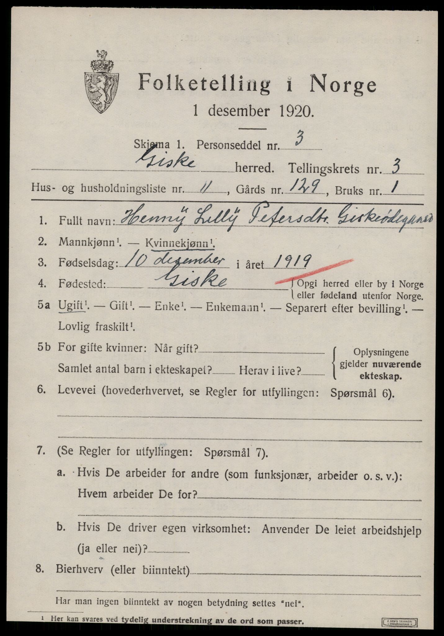 SAT, 1920 census for Giske, 1920, p. 1846