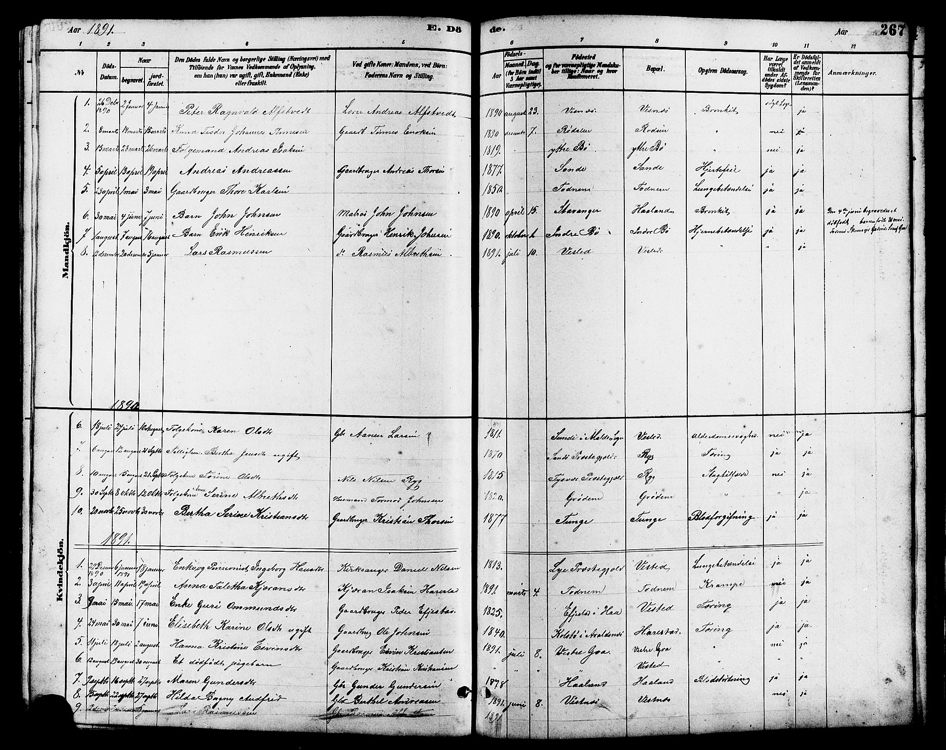 Hetland sokneprestkontor, SAST/A-101826/30/30BB/L0006: Parish register (copy) no. B 6, 1878-1921, p. 267